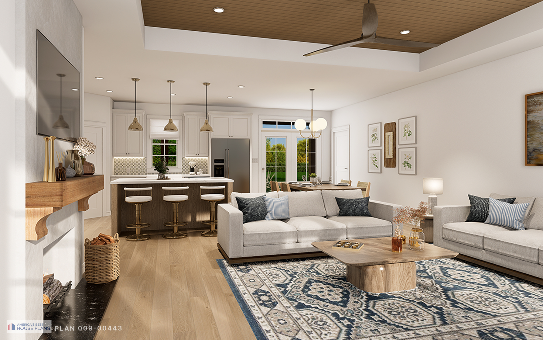 Open-concept living room, kitchen and dining area in Modern Farmhouse