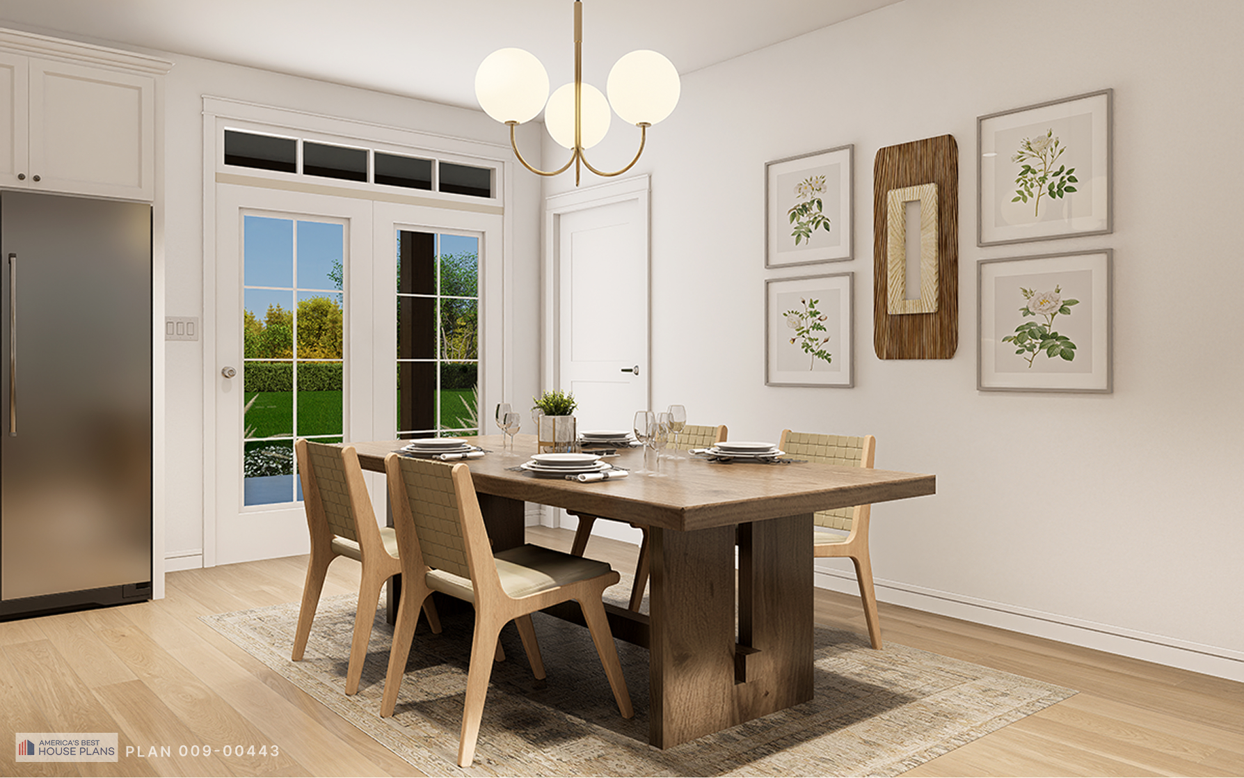 Bright dining room with wood dining table and garden views