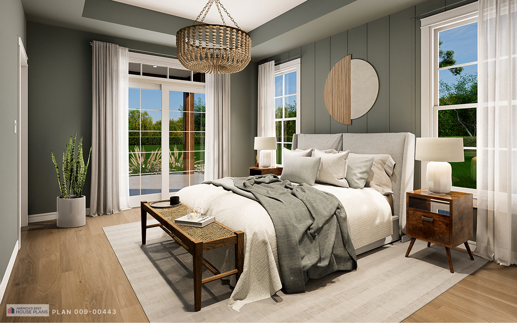 Primary bedroom in Modern Farmhouse Plan