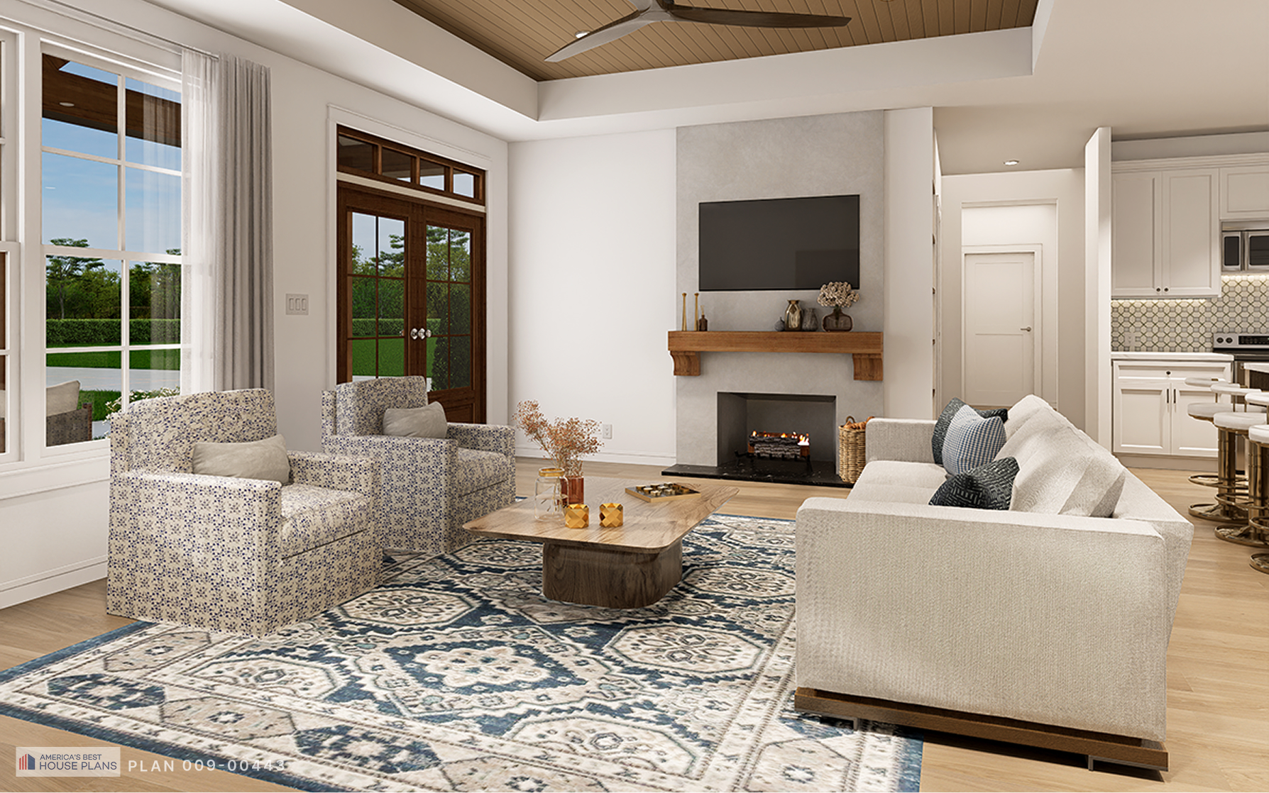 Cozy family room with fireplace and outdoor access
