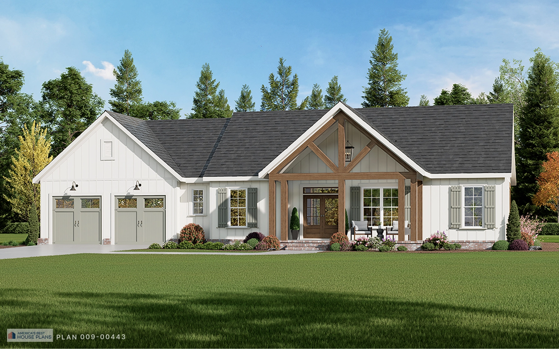 Front elevation of the modern farmhouse with timber entry porch