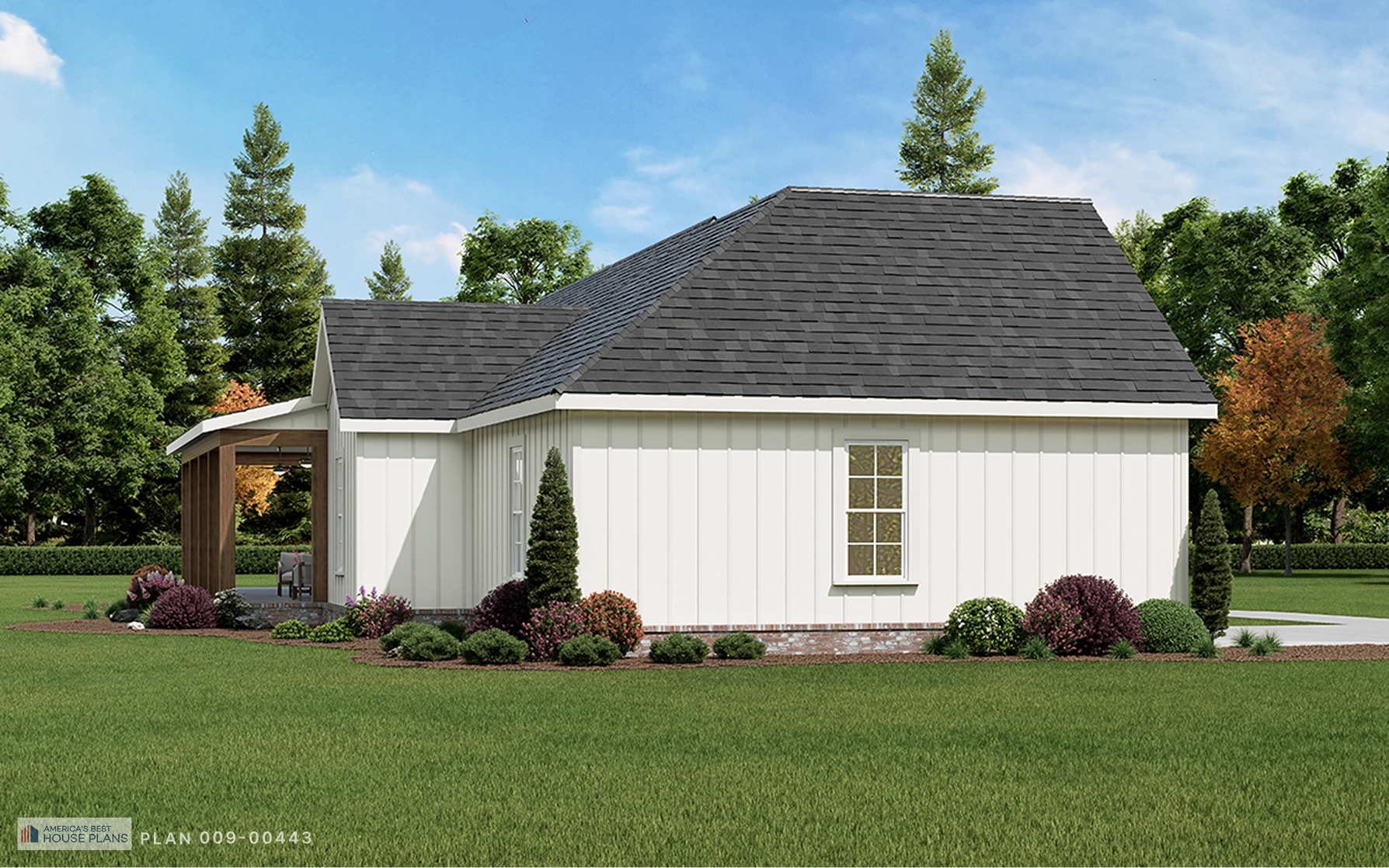 Side elevation of the modern farmhouse exterior