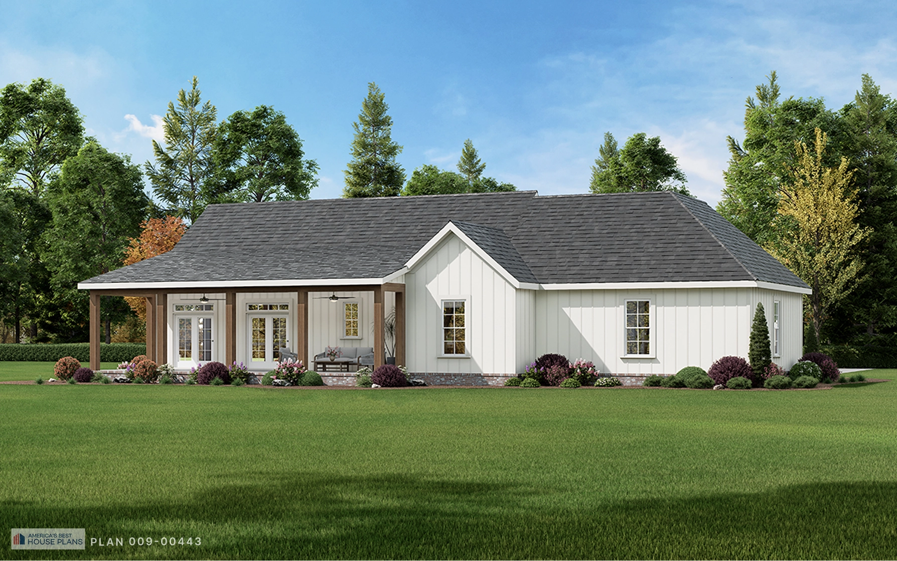 Rear exterior of the modern farmhouse with covered patio