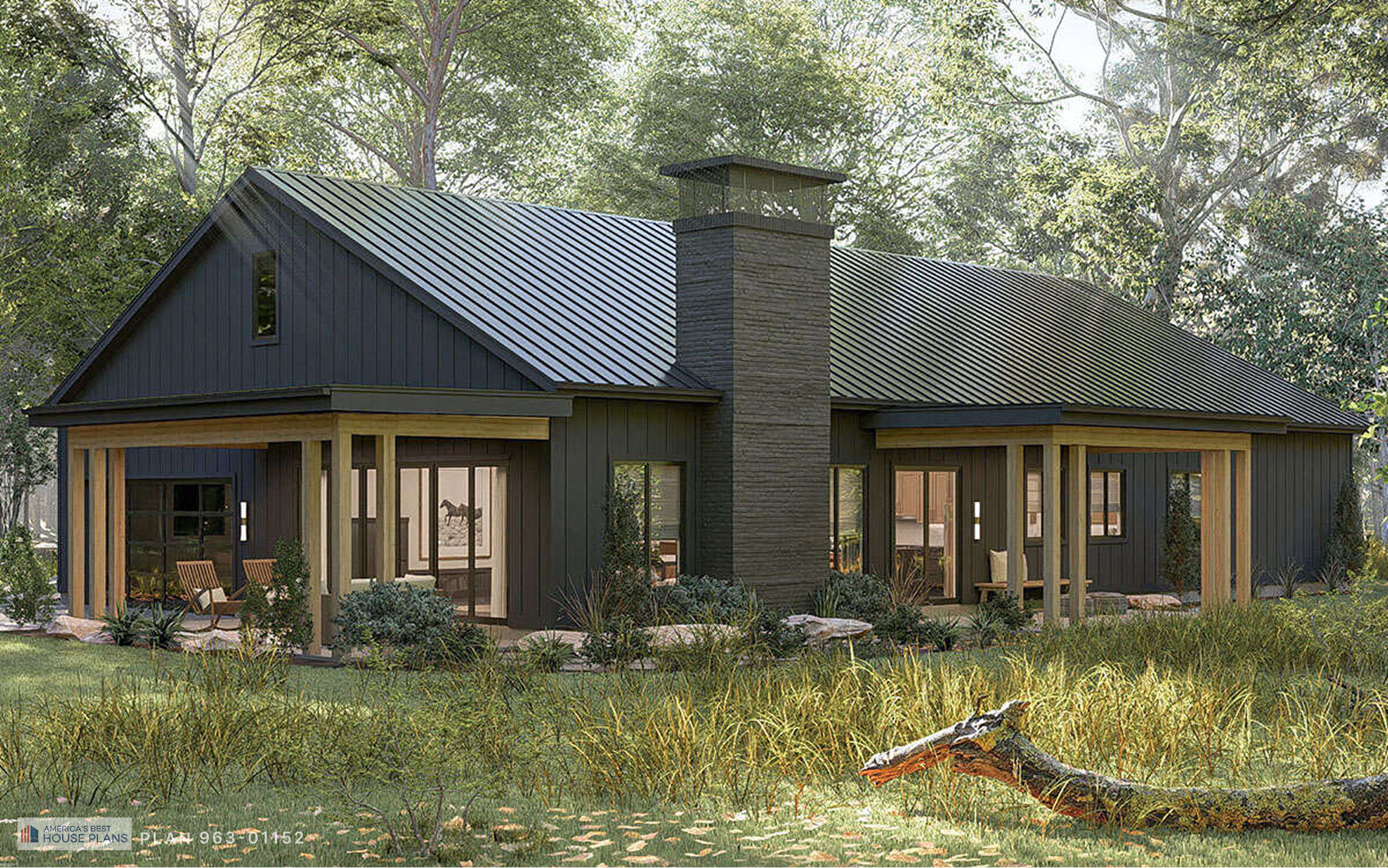 Rear exterior of a modern barn-style home with covered patios, central stone chimney, metal roof, and landscaped backyard