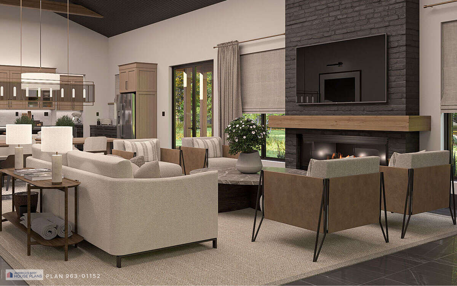Open-concept barn-style living room with fireplace, comfortable seating, and kitchen