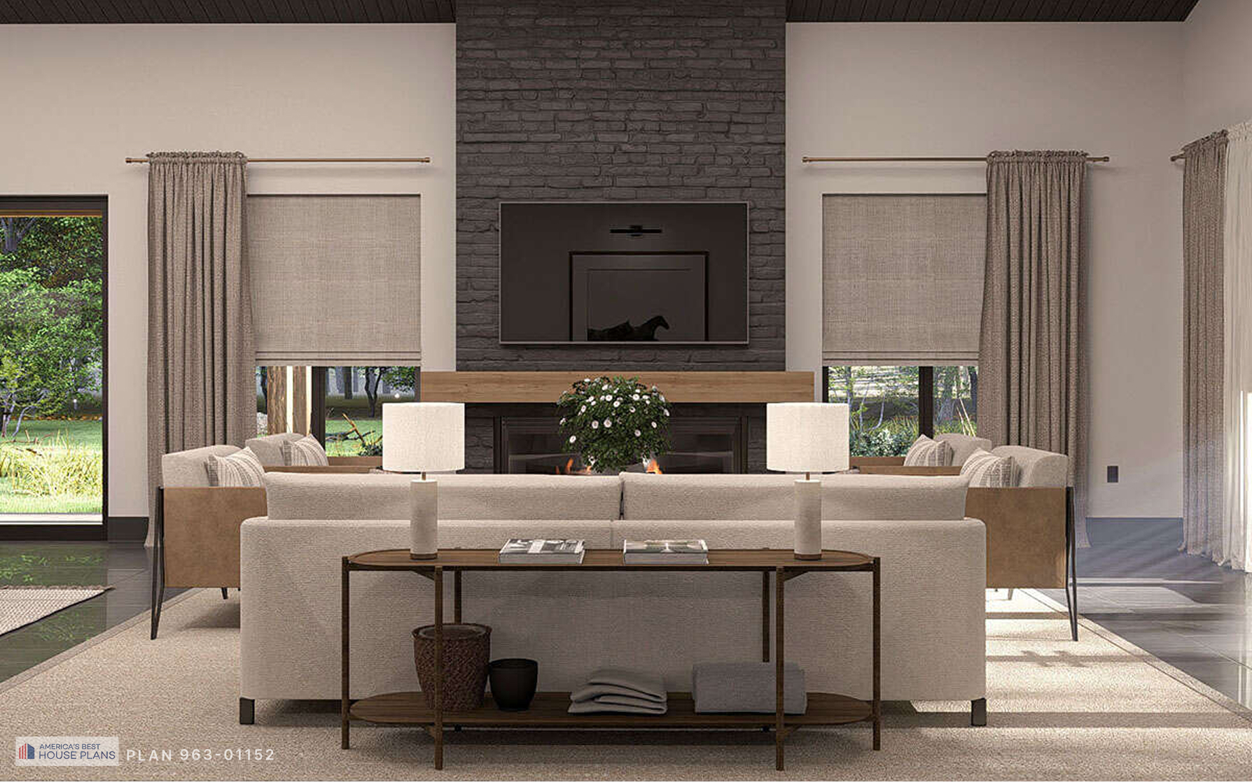 Symmetrical view of a contemporary living room with black brick fireplac