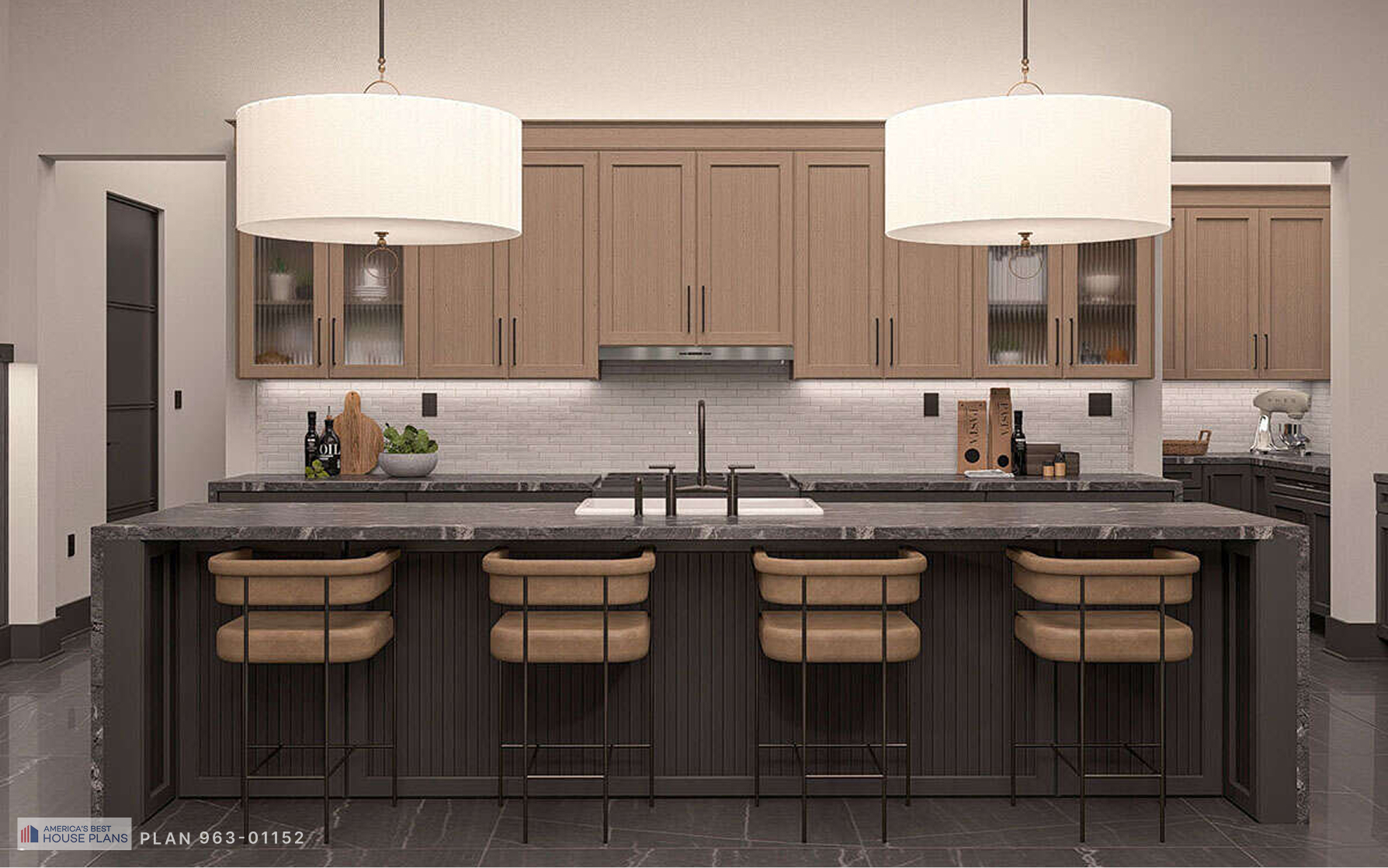 Modern barn home kitchen with oversized waterfall island, wood cabinetry and pendant lighting