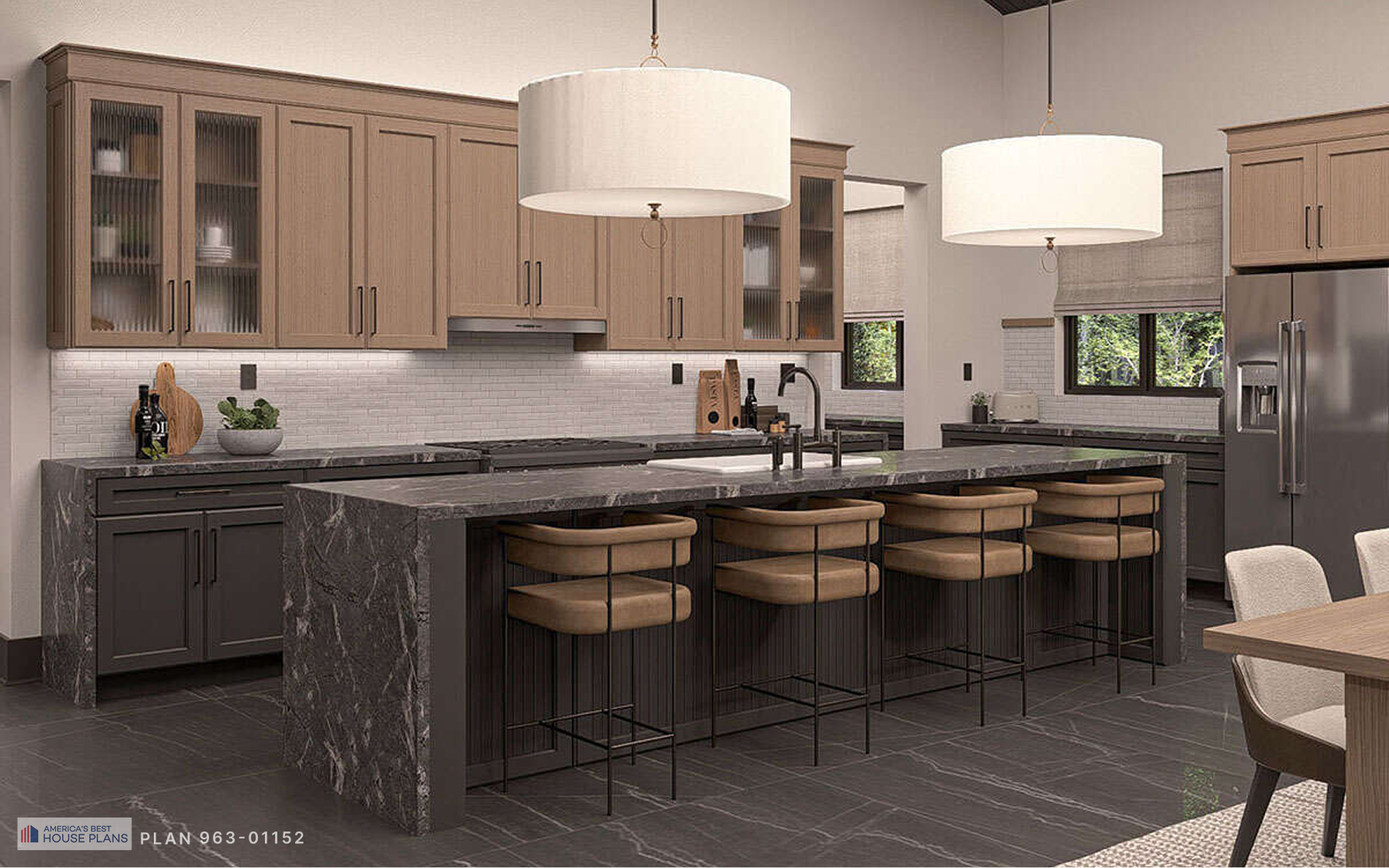 Spacious contemporary barn kitchen with waterfall island, stainless steel appliances, and custom wood cabinets