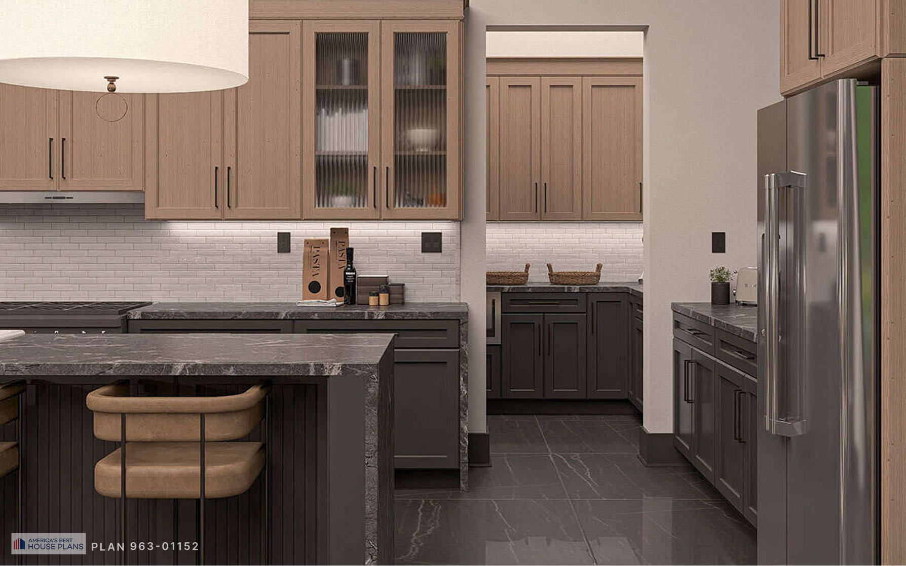 Modern kitchen with dark lower cabinets, light wood upper cabinets, walk-in pantry, and quartz countertops