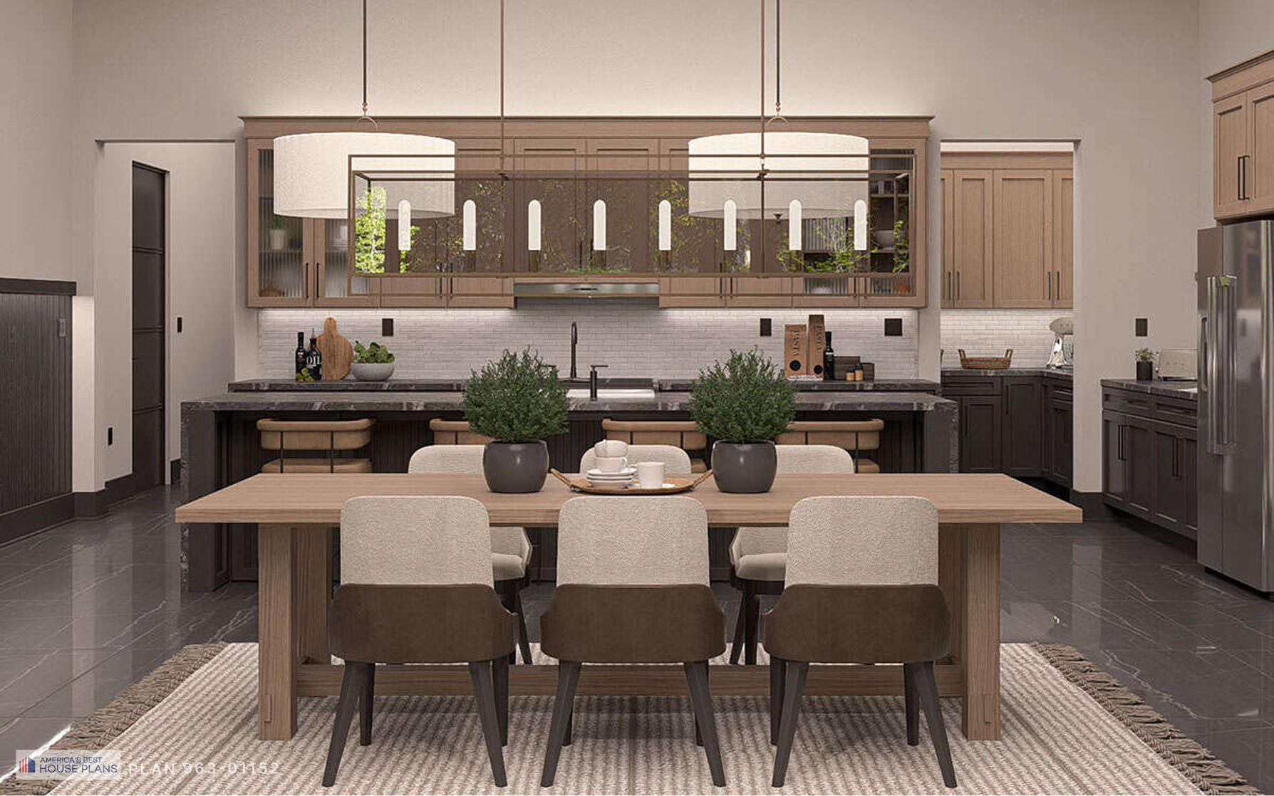  Open-concept barn-style kitchen and dining area with waterfall island, pendant lights, and custom cabinetry