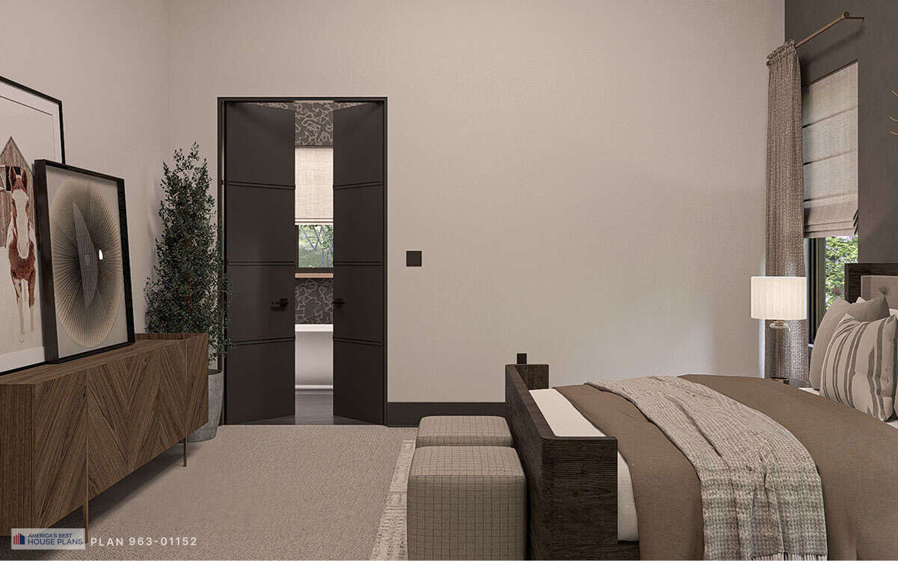 Spacious modern primary bedroom with wood furniture, sitting bench, and private ensuite entrance