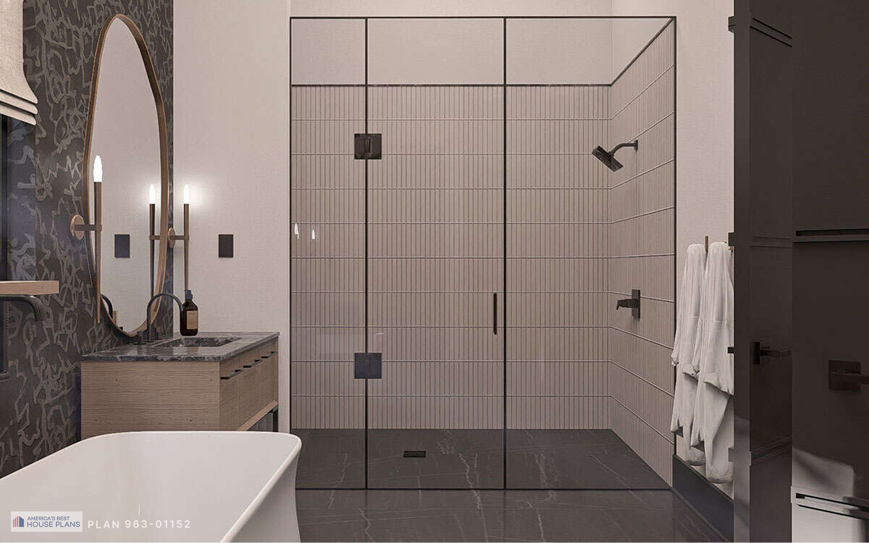 Luxury primary bathroom with frameless glass walk-in shower, floating vanity, and modern black fixtures