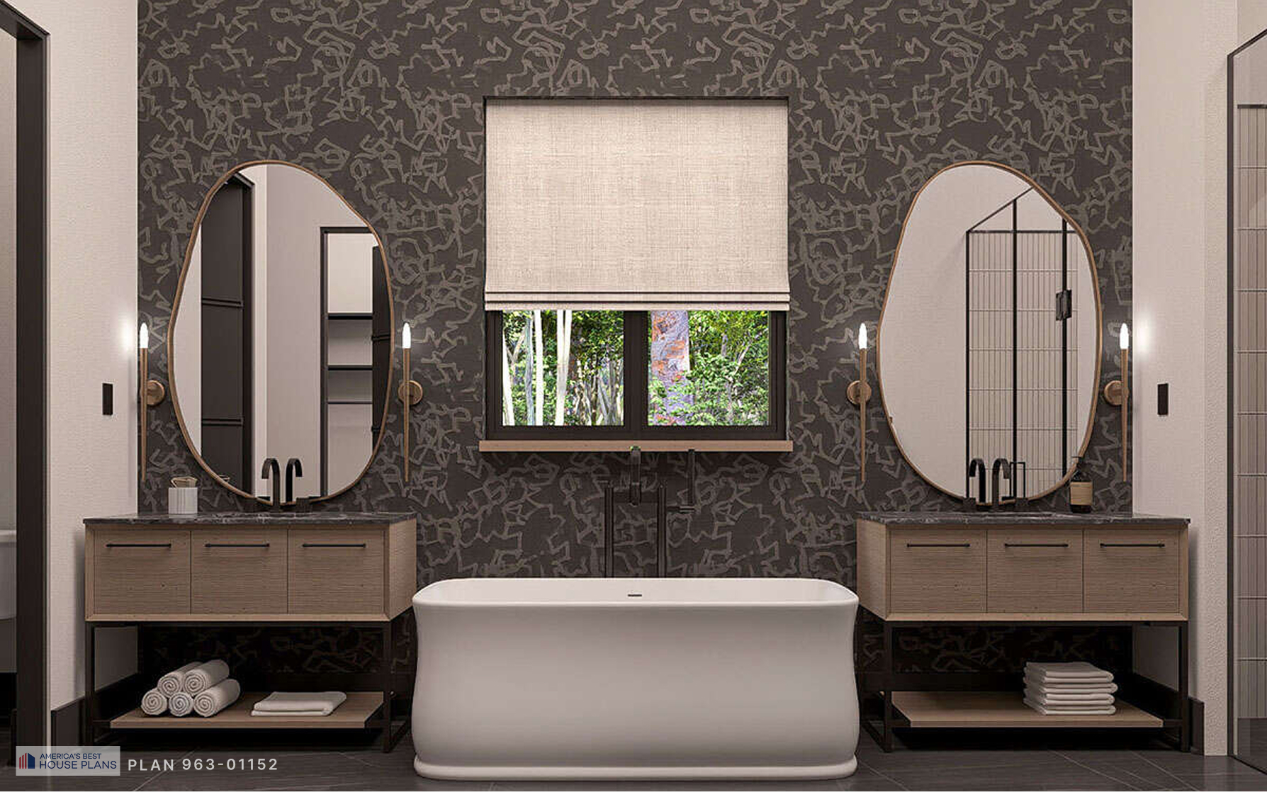 Contemporary primary bathroom featuring freestanding soaking tub, double floating vanities, and oval mirrors