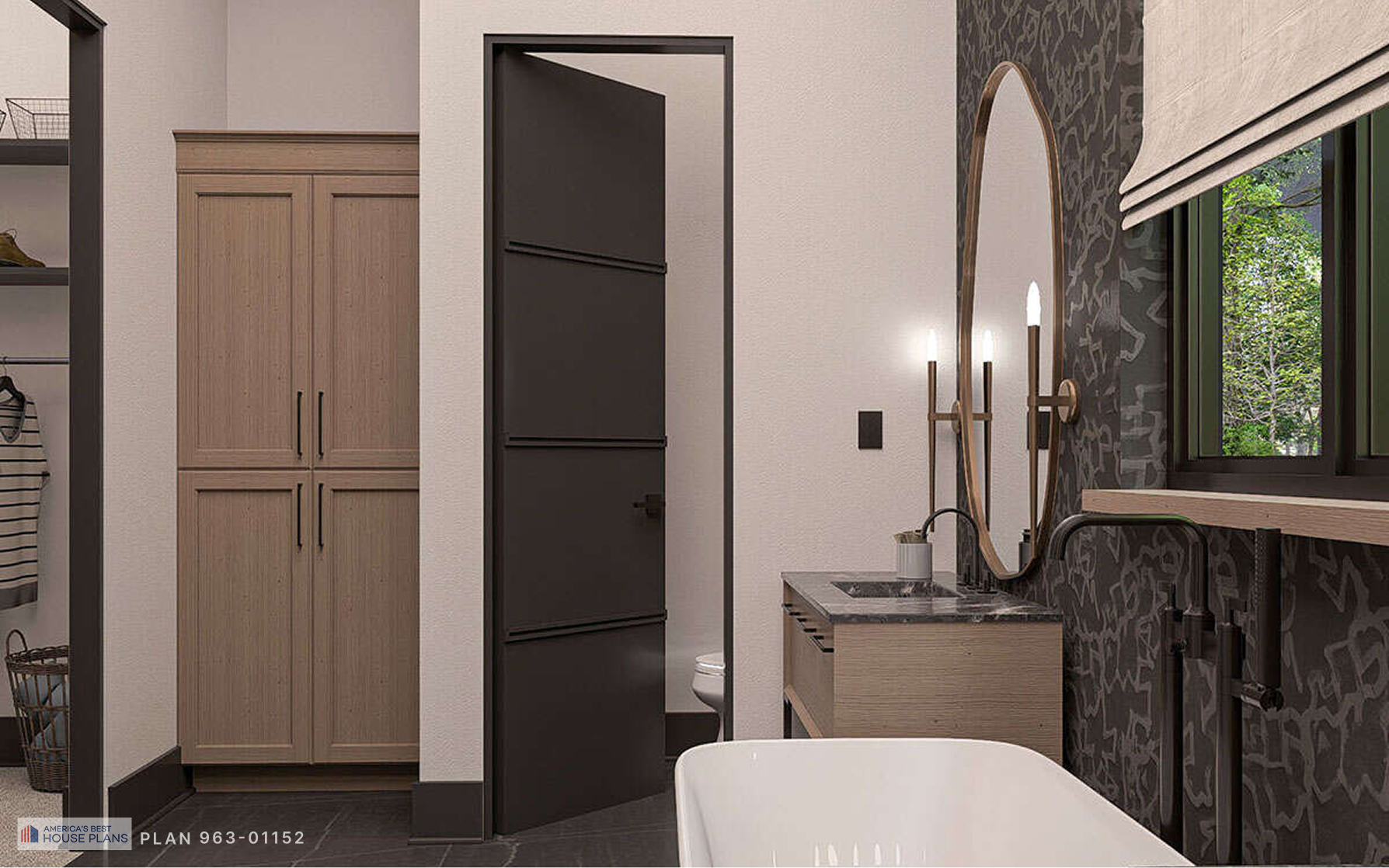  Elegant primary bathroom with freestanding bathtub, floating vanity, patterned accent wall, and modern lighting