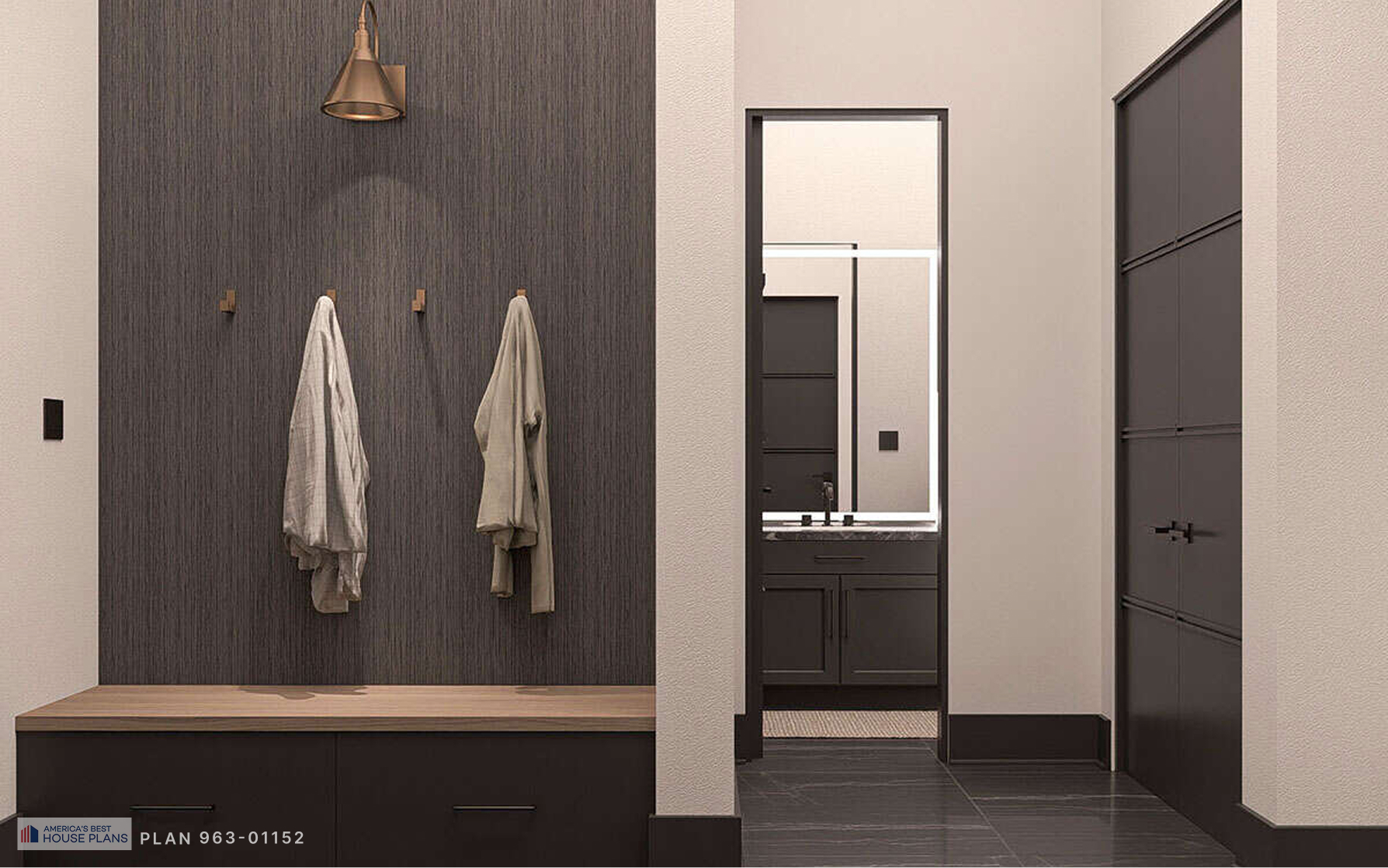 Modern walk-in closet with built-in bench, storage cabinets, hanging space, and ensuite bathroom access