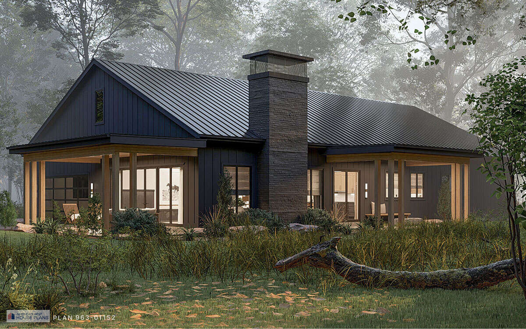 Rear view of a modern barn-style home at dusk with covered outdoor living spaces