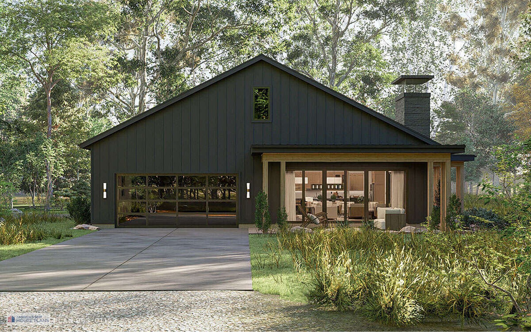 Front view of a contemporary black farmhouse with glass garage door, covered porch, and standing seam metal roof