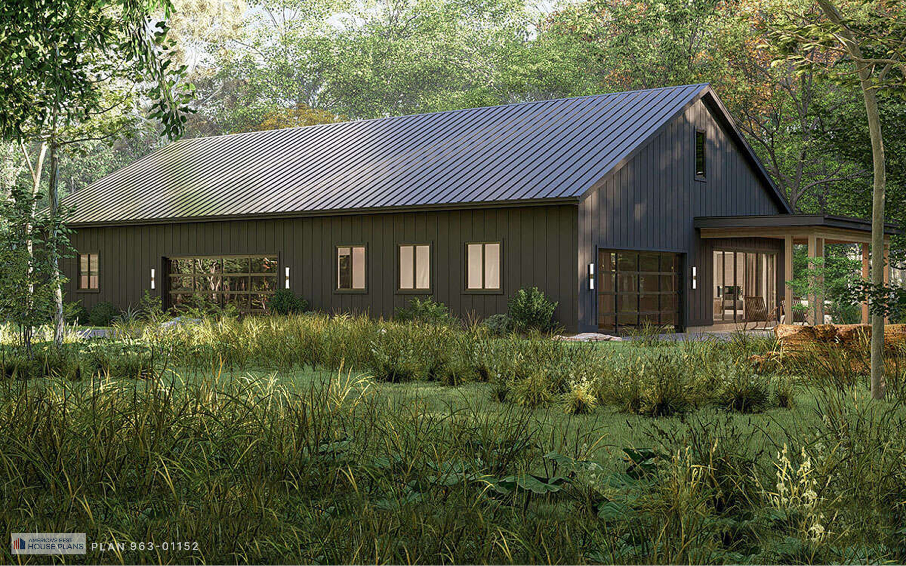 Side elevation of a modern black farmhouse with attached garage