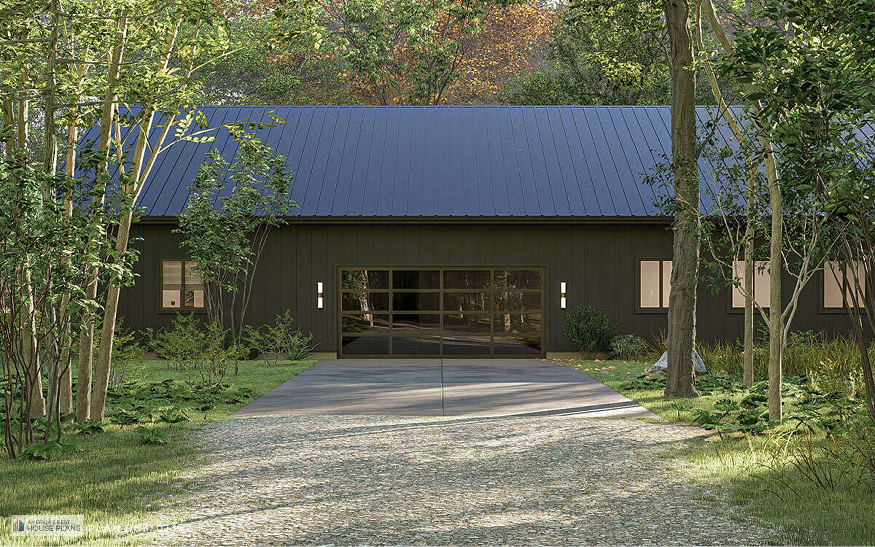Garage-side elevation of a contemporary black farmhouse with glass garage door