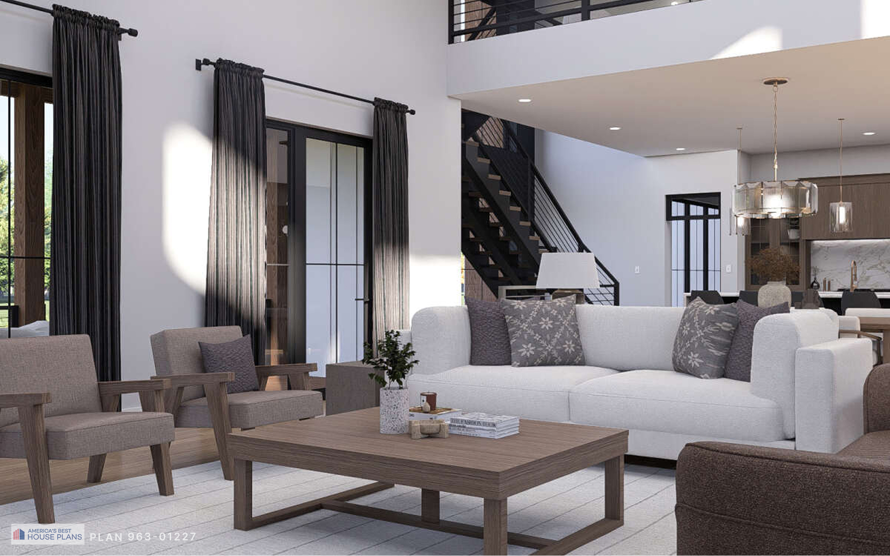 Open-concept living room with vaulted ceiling, modern furniture, and staircase
