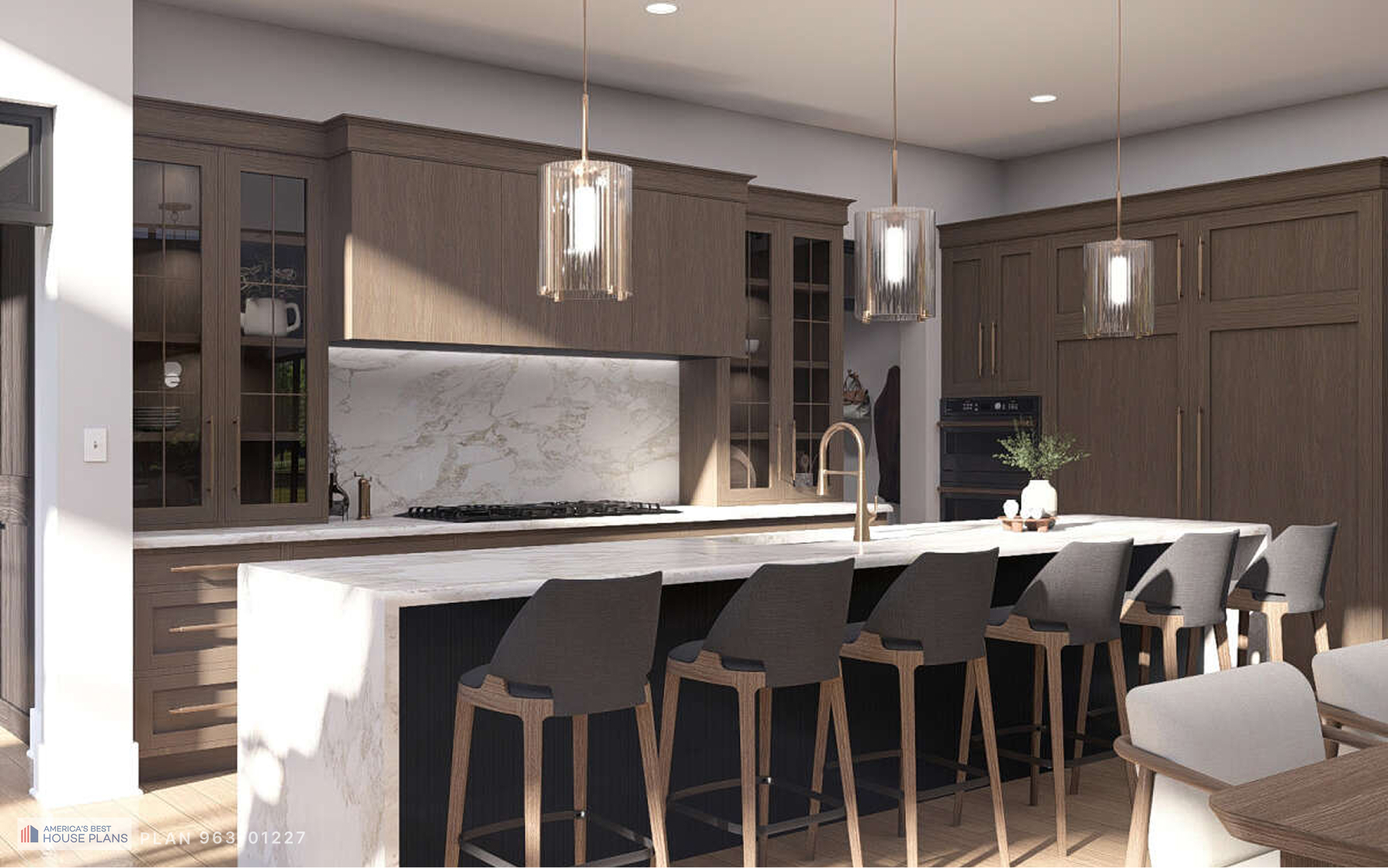 Modern kitchen with oversized waterfall island, custom wood cabinetry, and pendant lighting