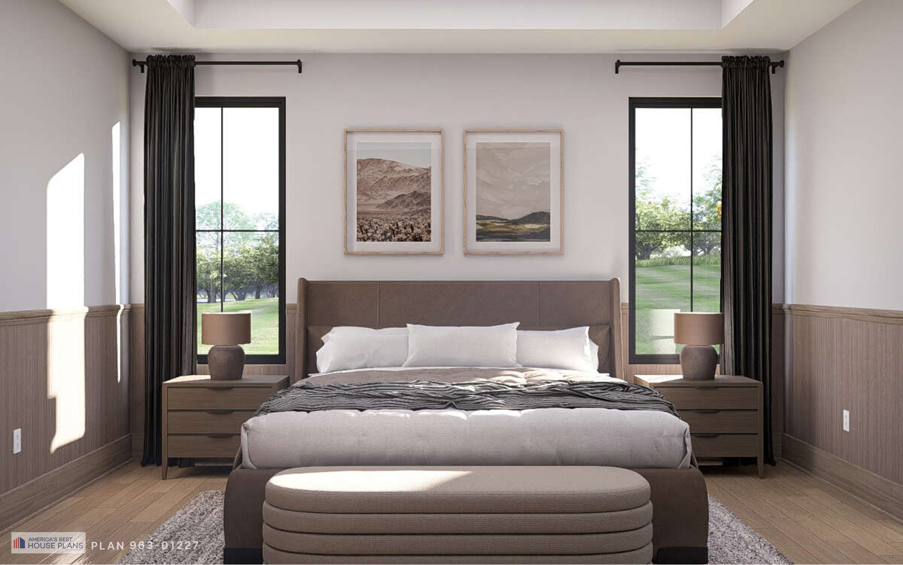 Primary bedroom with large windows, upholstered bed