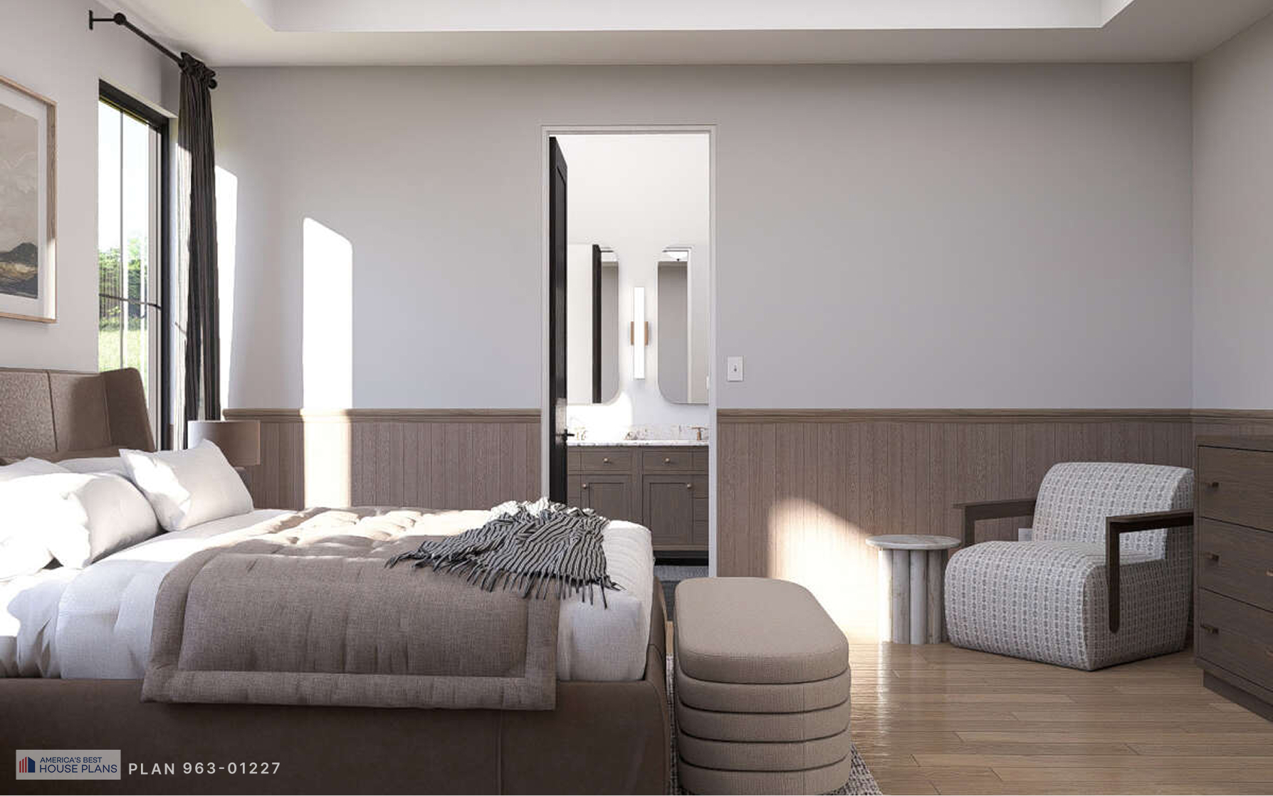 Spacious primary suite featuring wood accents, sitting area, and ensuite bathroom access