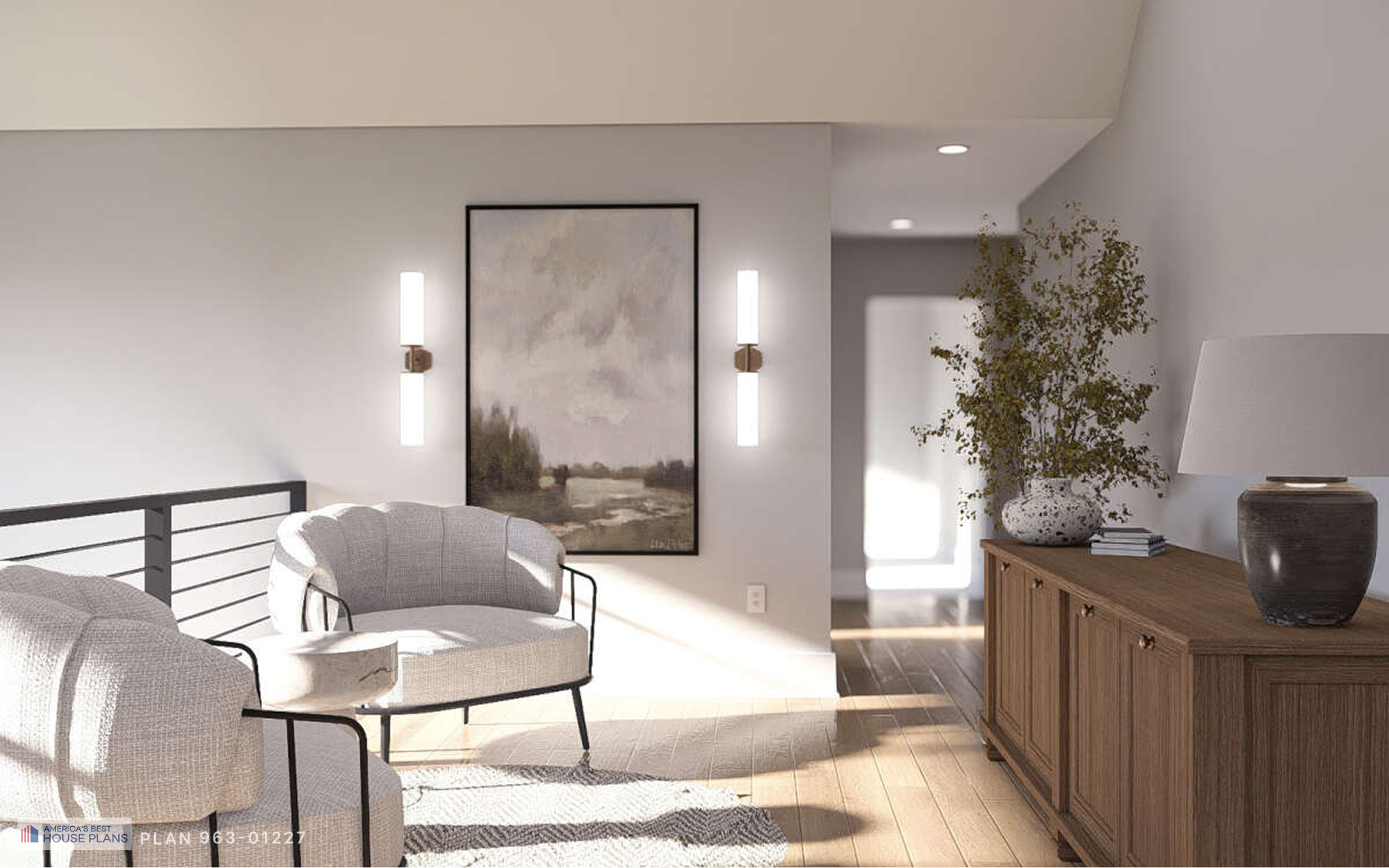 Loft lounge with modern seating, wood console, and open hallway overlooking the great room