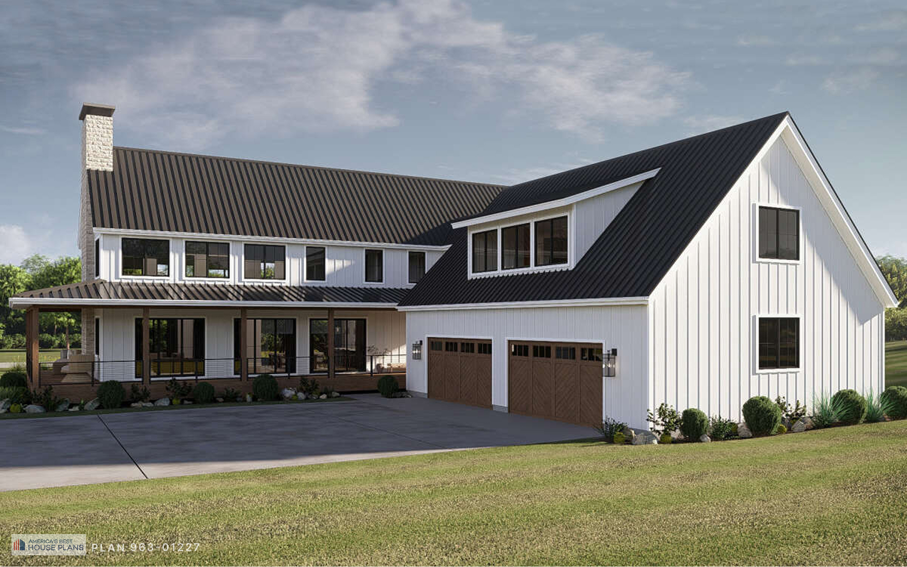 Modern Barndominium with attached three-car garage, black standing seam metal roof, and covered front porch