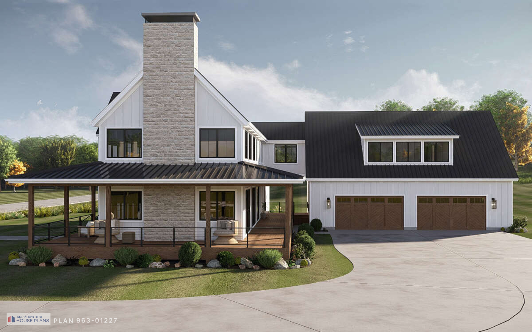 Side view of a two-story Barndominium featuring a wraparound porch, stone chimney, and attached garage