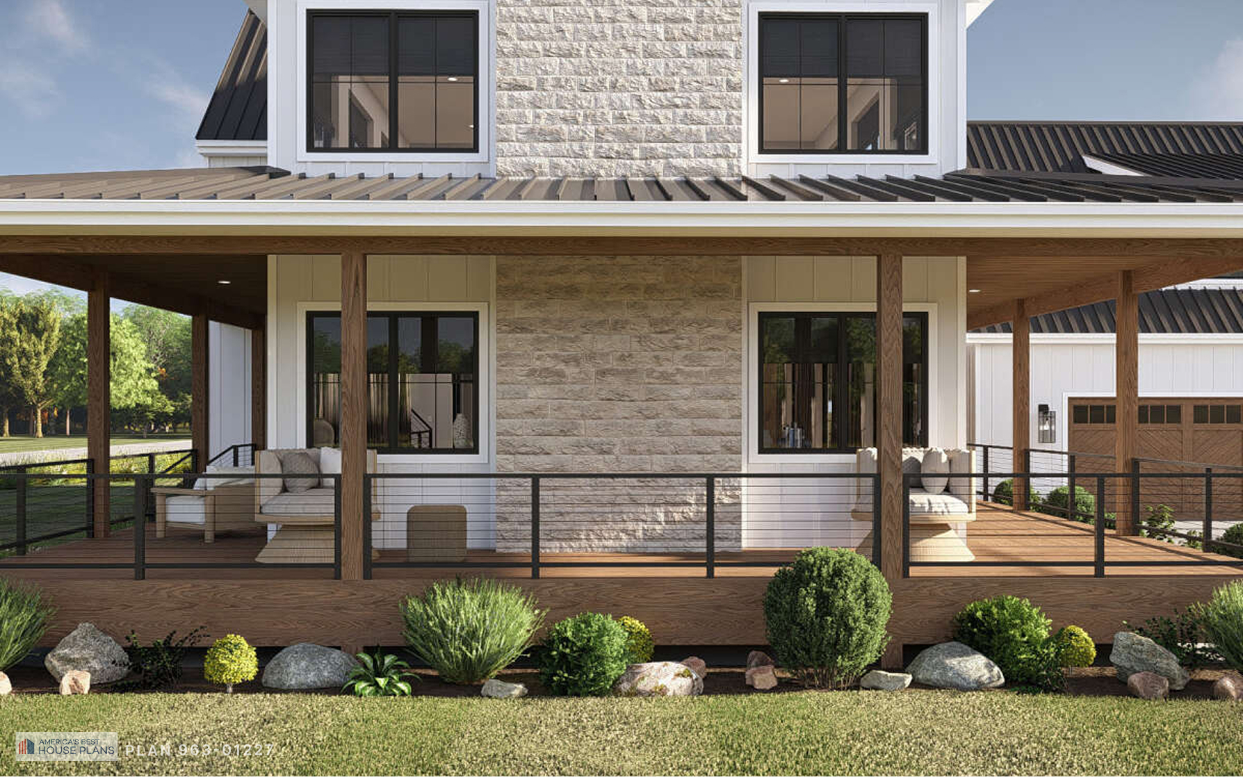 Covered porch of a modern Barndominium with stone chimney and wood posts