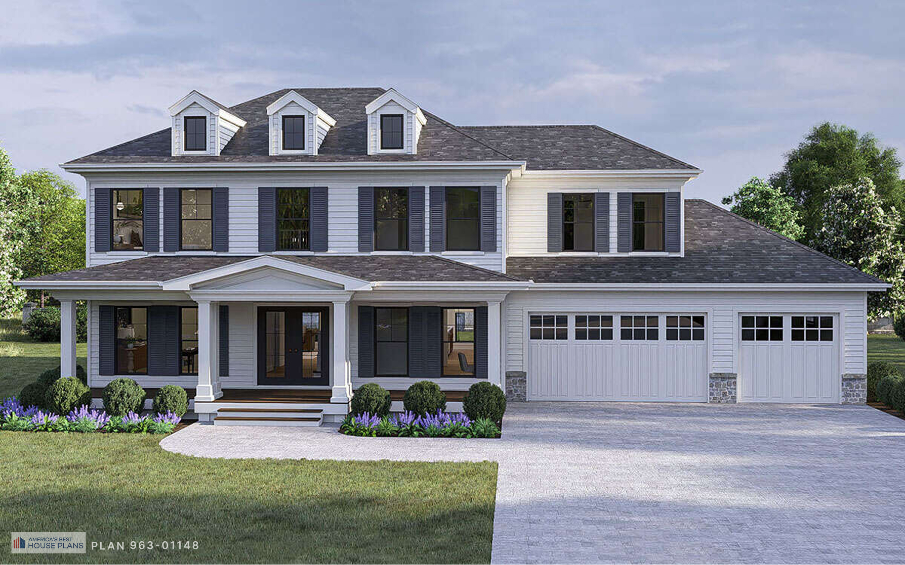 Cape Cod house with white siding, covered front porch, dormer windows, and attached three-car garage