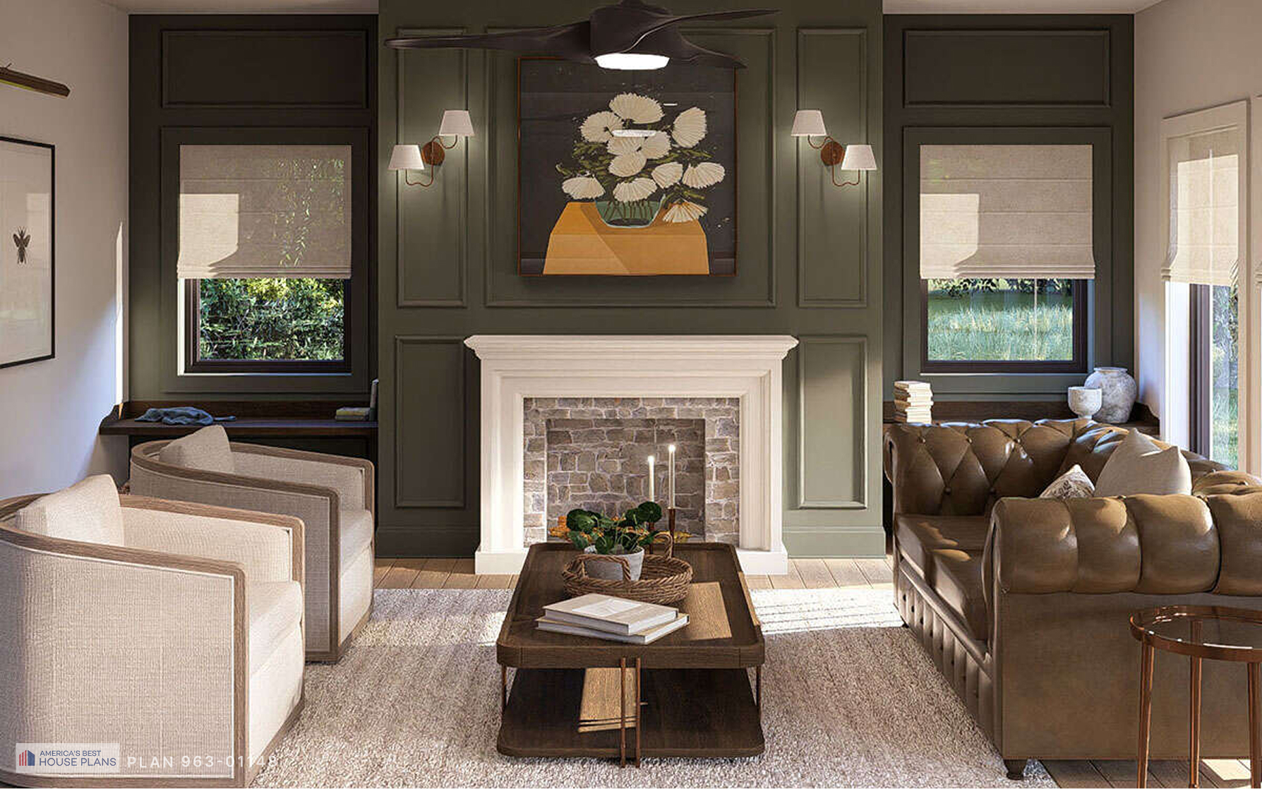 living room with paneled fireplace wall, leather sofa, accent chairs, and traditional design