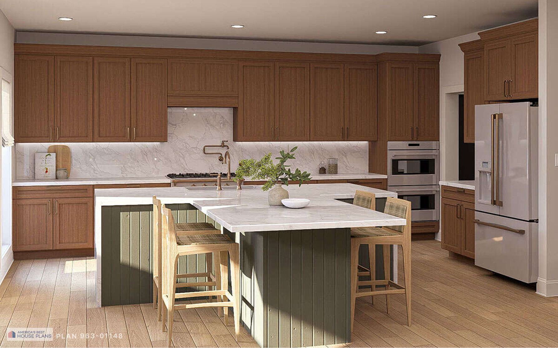 Kitchen with wood cabinetry, large island, marble countertops, and bar seating