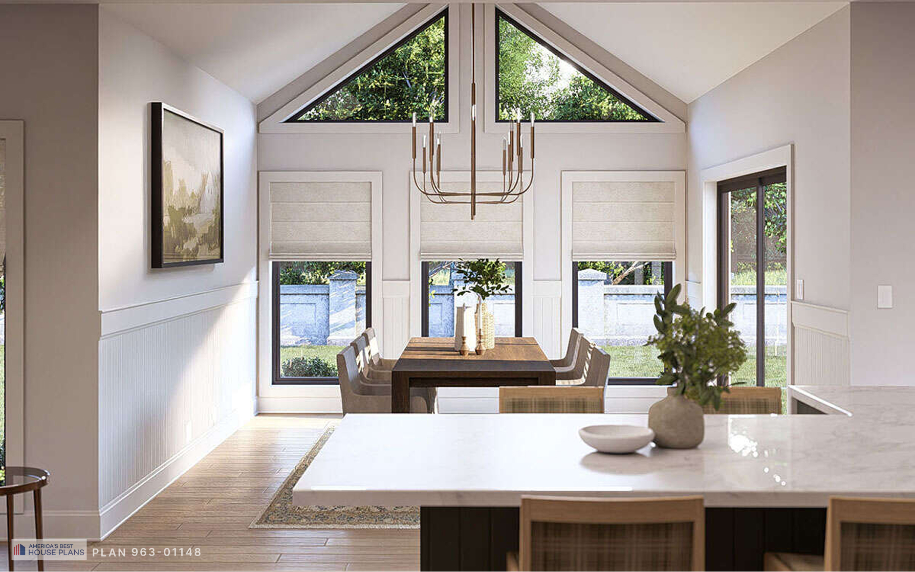 Dining room with vaulted ceiling, large windows, and modern chandelier