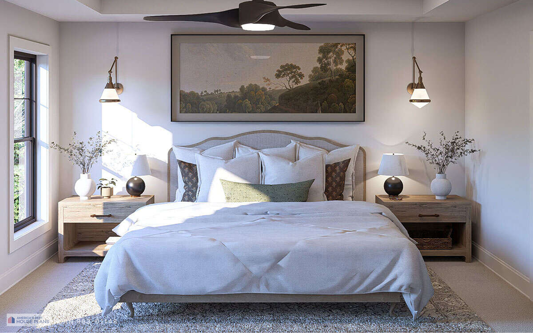 Primary bedroom with upholstered bed, wood nightstands, and elegant wall lighting