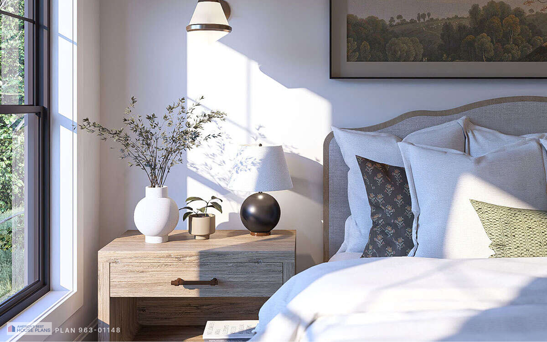 Close-up of a Cape Cod bedroom featuring wood nightstand, decorative lighting, and large window
