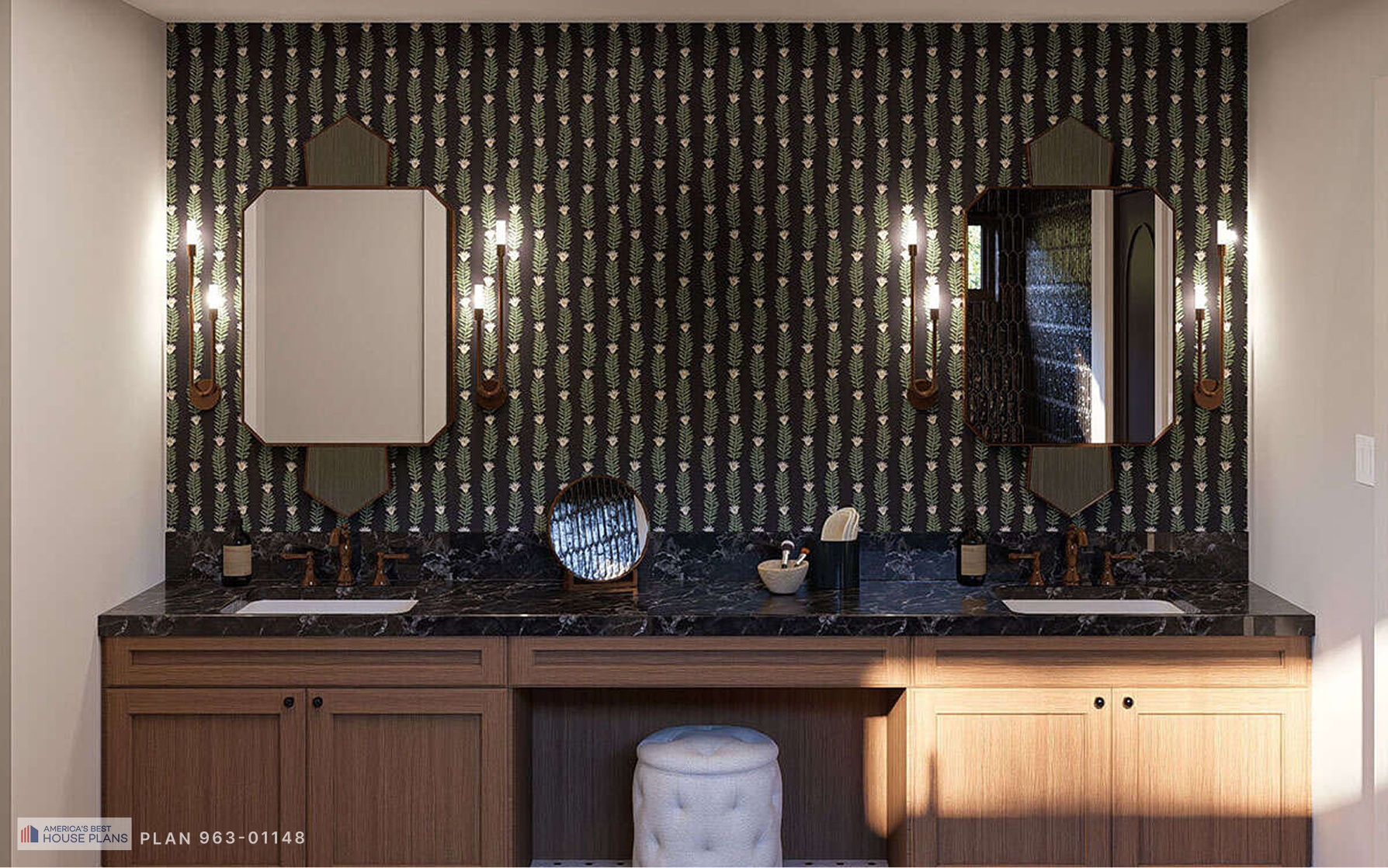 Primary bathroom with double vanity, black marble countertop, patterned wallpaper, and dual mirrors