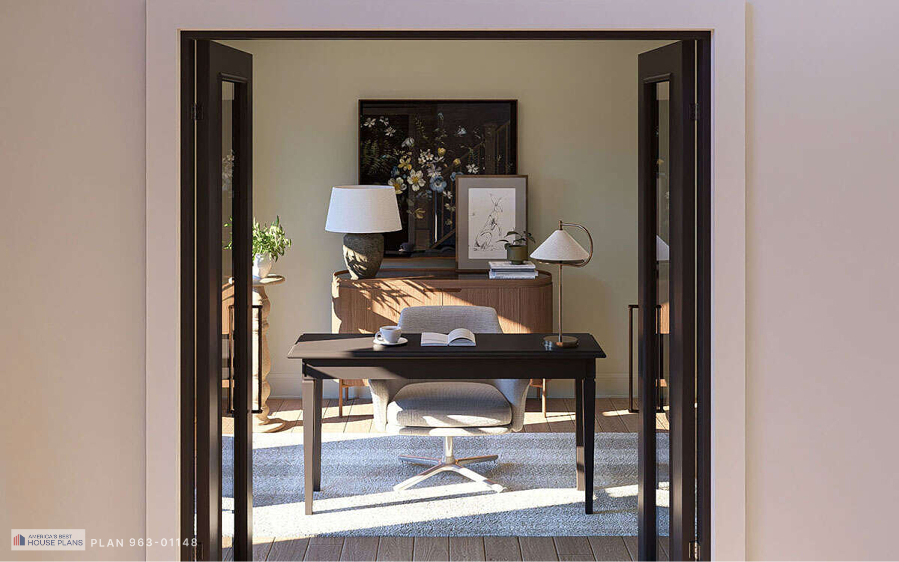 Home office with modern desk, comfortable seating, and double glass doors