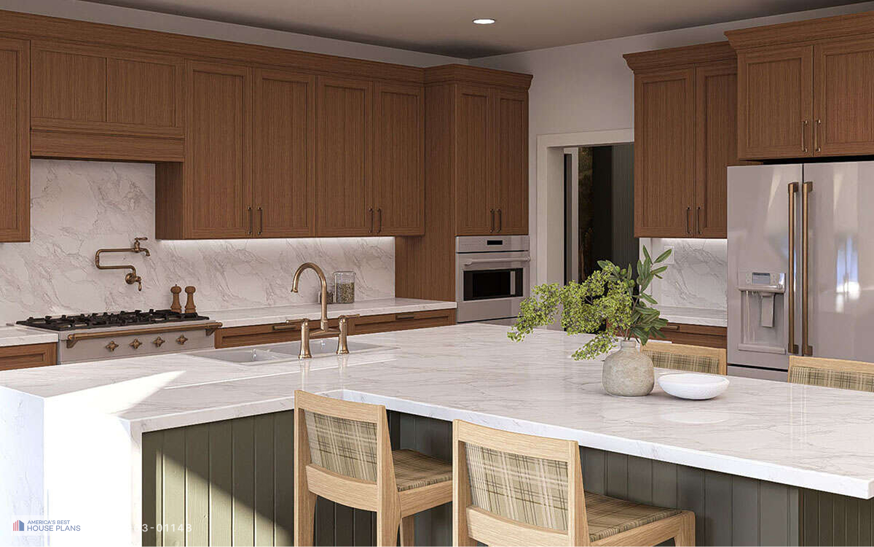 Large kitchen island in a Cape Cod home with quartz countertop, wood cabinetry, and breakfast seating