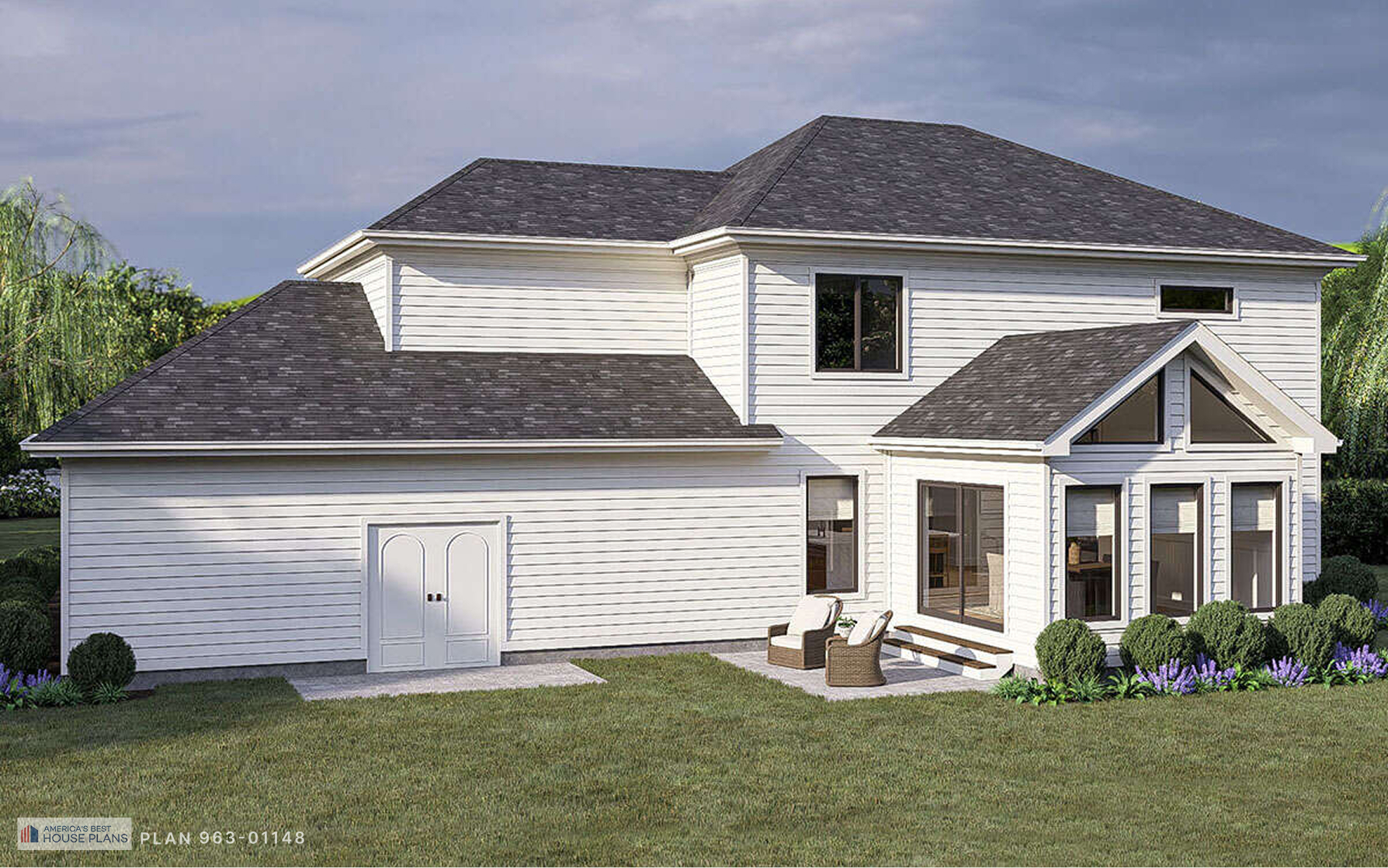Rear view of a Cape Cod home featuring a covered patio, large windows, and attached garage