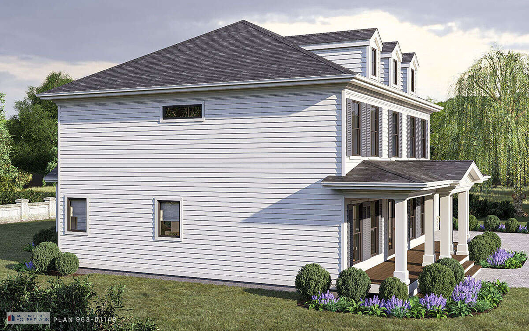 Side elevation of a Cape Cod style house with white siding, dormer windows, and covered front porch