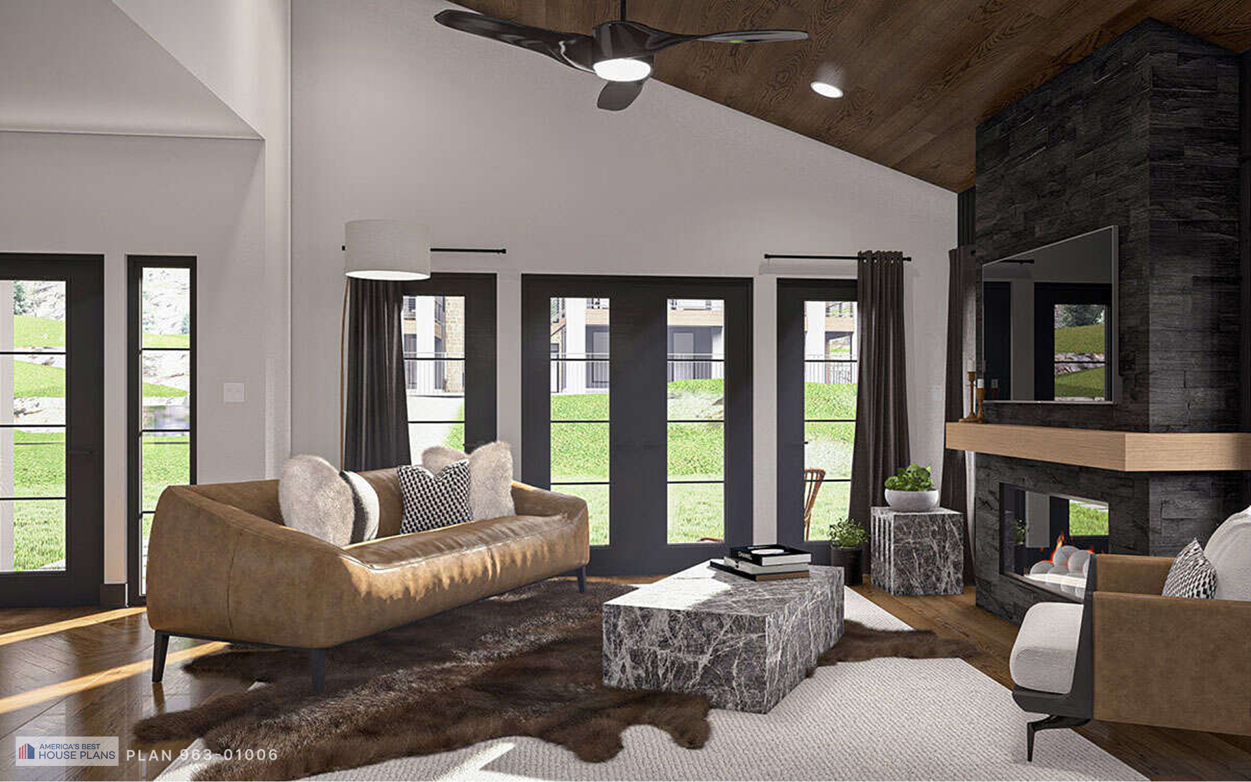 Contemporary living room with vaulted wood ceiling