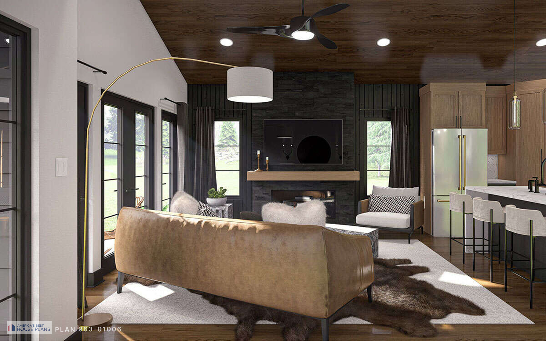 Contemporary living room with vaulted wood ceiling