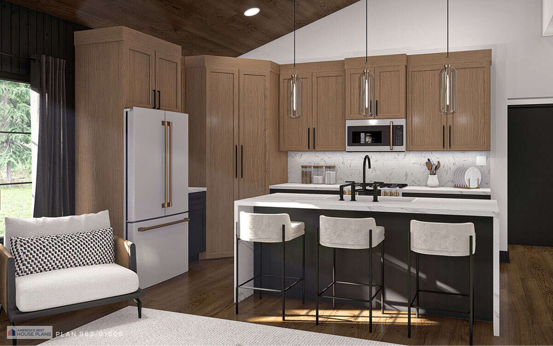 Contemporary kitchen with natural wood cabinets