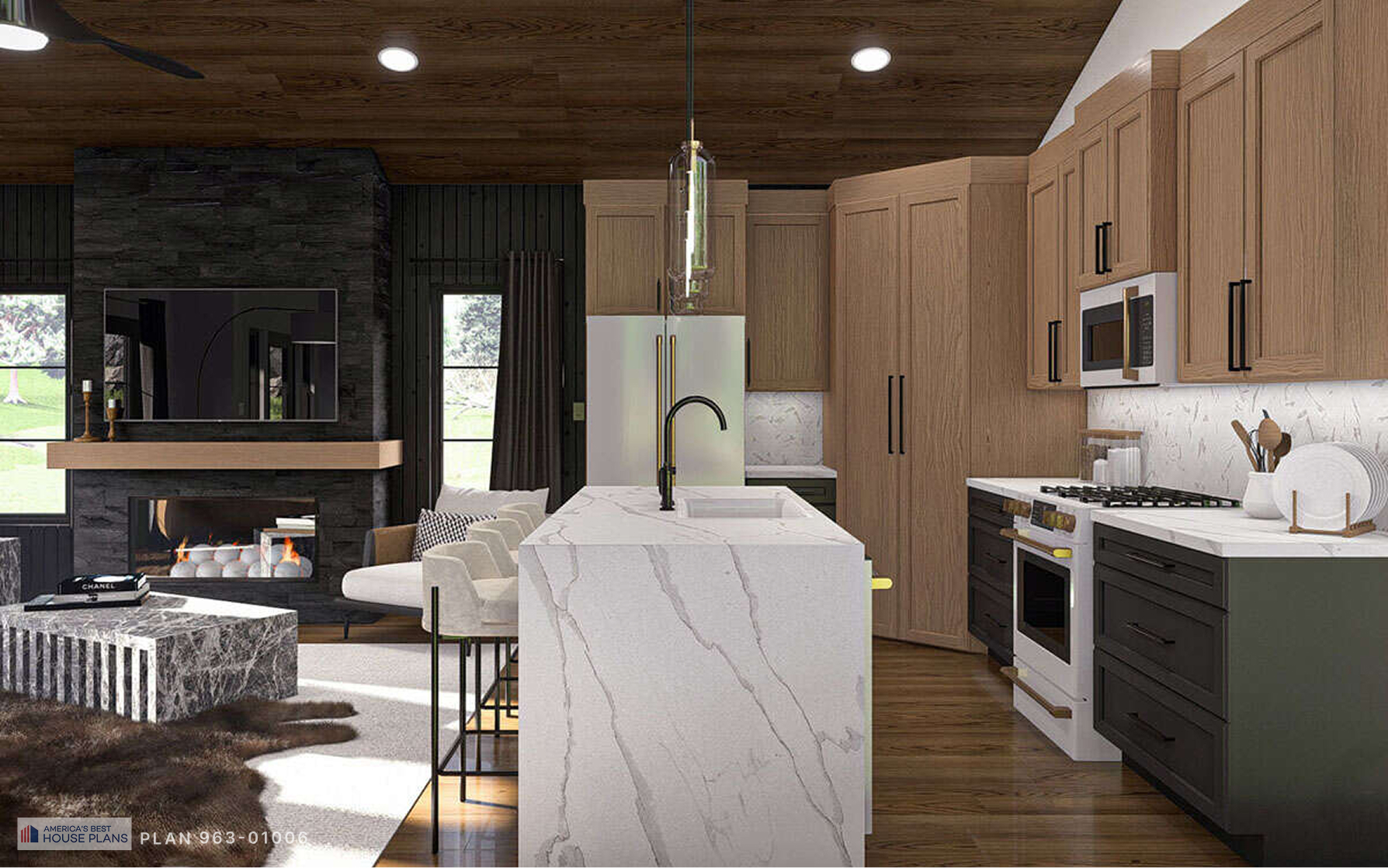 Modern contemporary kitchen featuring a waterfall island