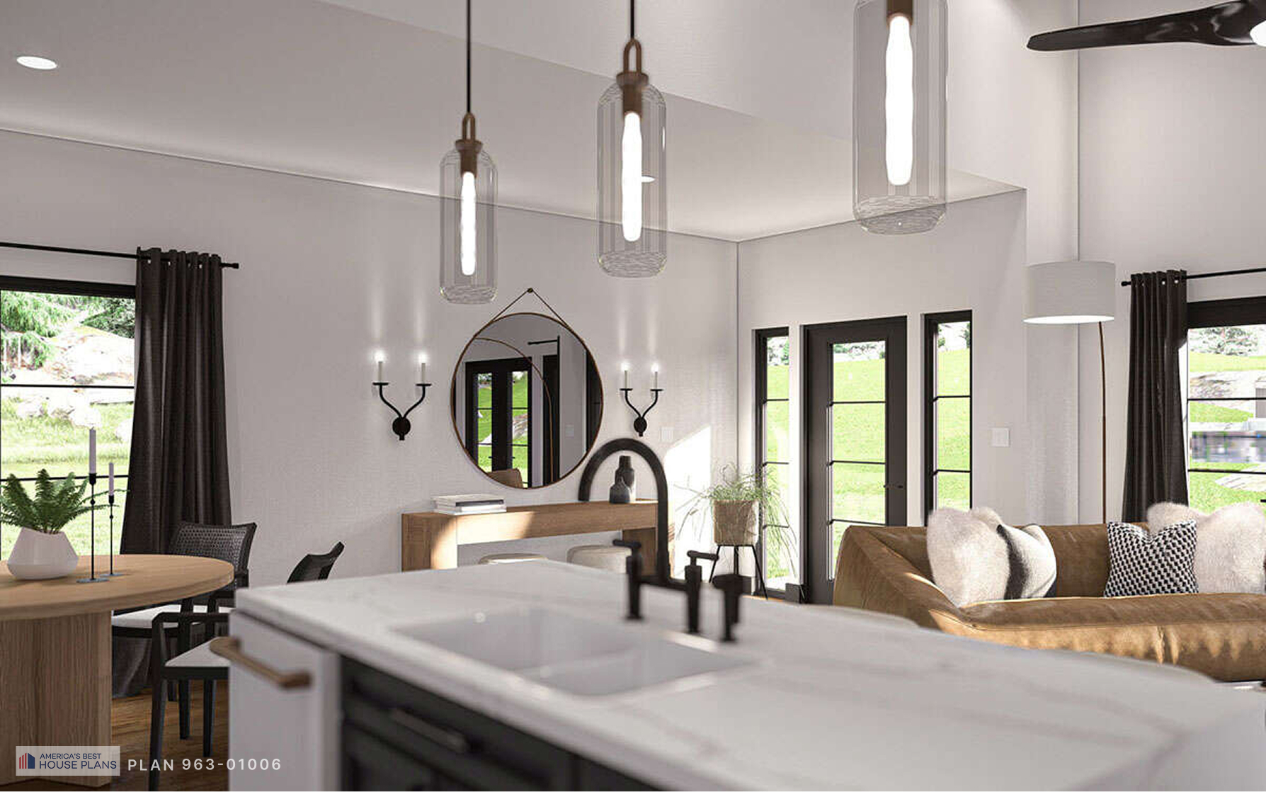 Contemporary open-plan kitchen overlooking the entry foyer