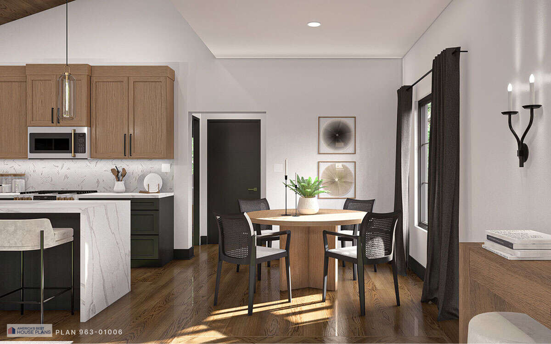 Contemporary dining area with a round wood table
