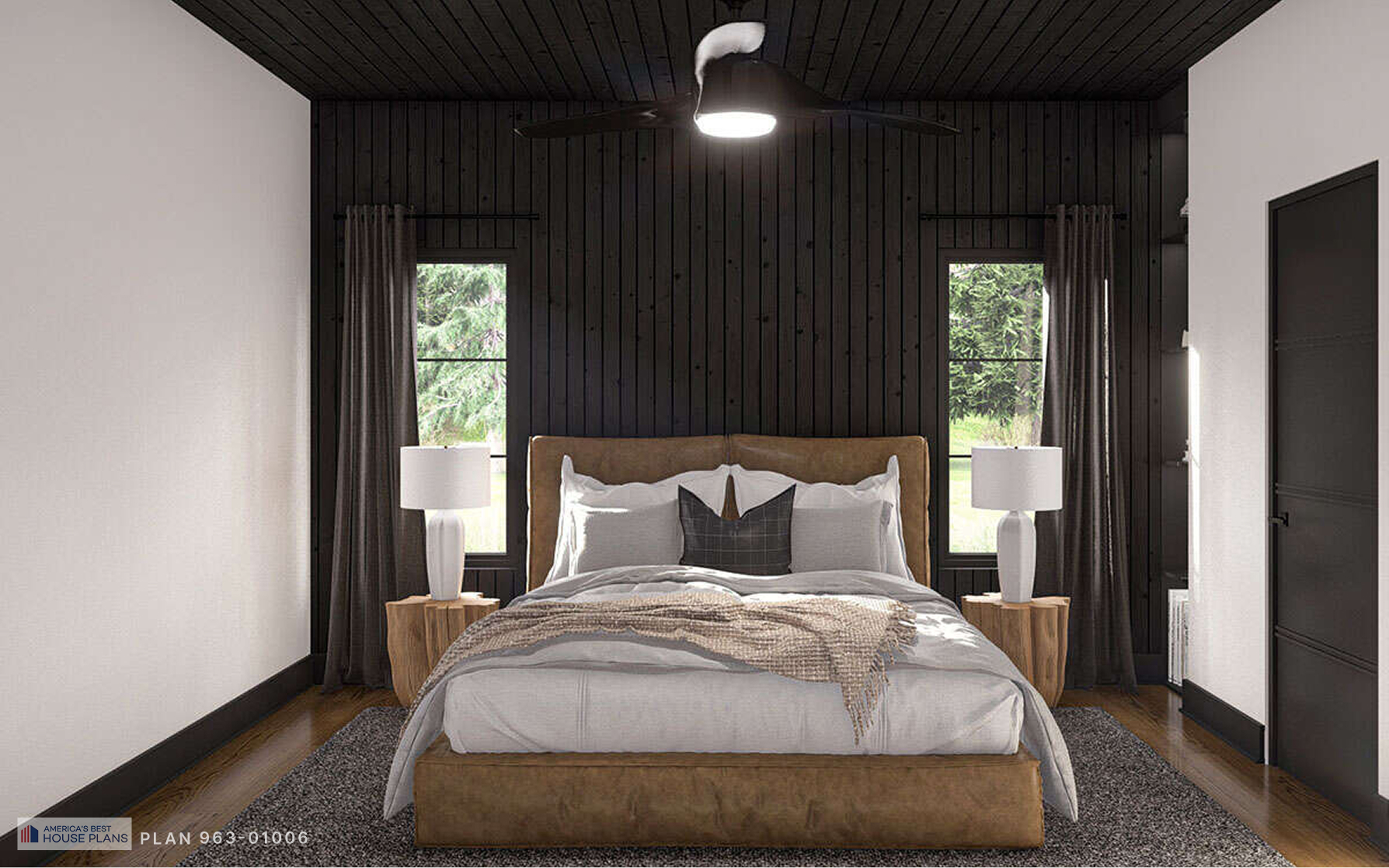 Contemporary primary bedroom with a black accent wall