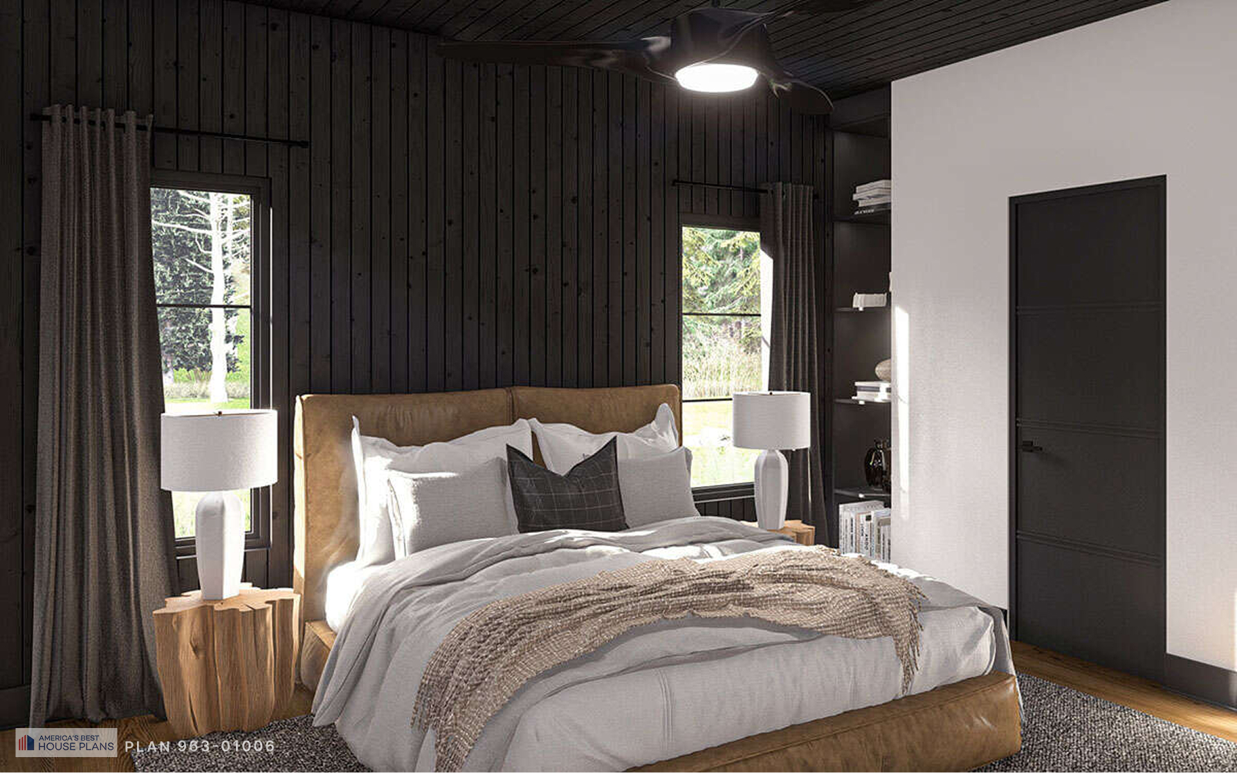 Modern contemporary bedroom featuring a leather upholstered bed